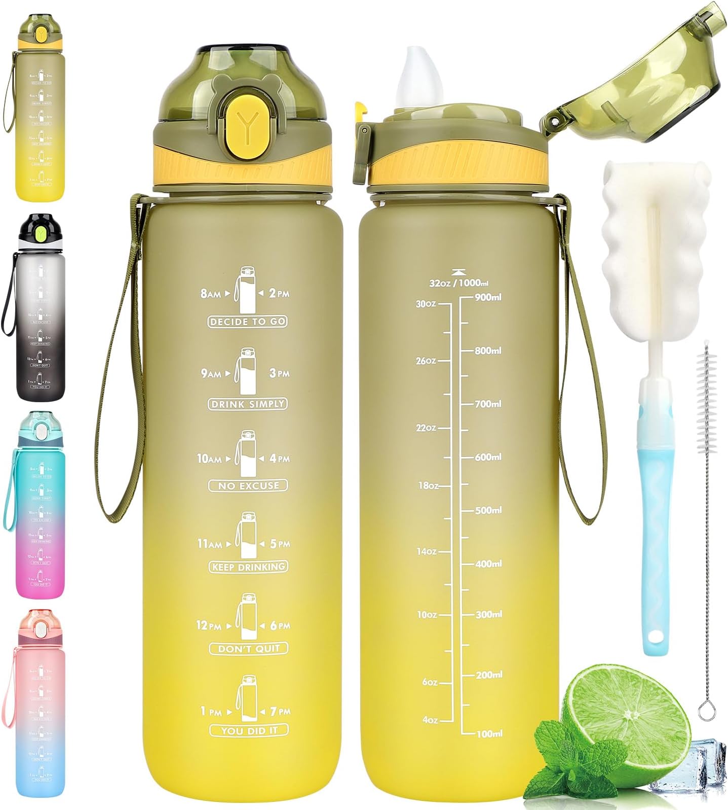 AOHAN Water Bottle 1L,Leak-Proof Drinks Bottle,Gym Water Bottle With Straw&Time Marker, For Fitness,Camping,School&Office, Yellow Gradient
