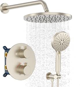 Iriber Thermostatic Shower System Wall Mount with 10-Inch Round Rainfall Shower Head and Handheld, Brushed Nickel
