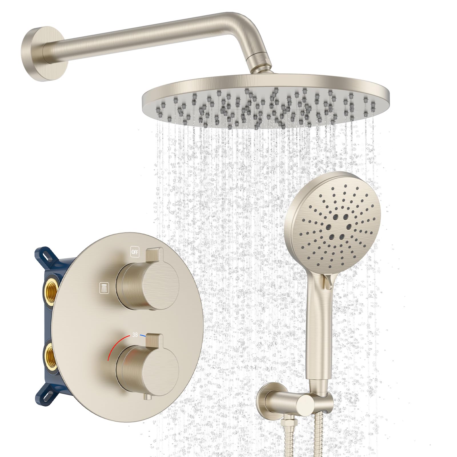 Thermostatic Shower System with Rain Shower Head and Handheld Wall
