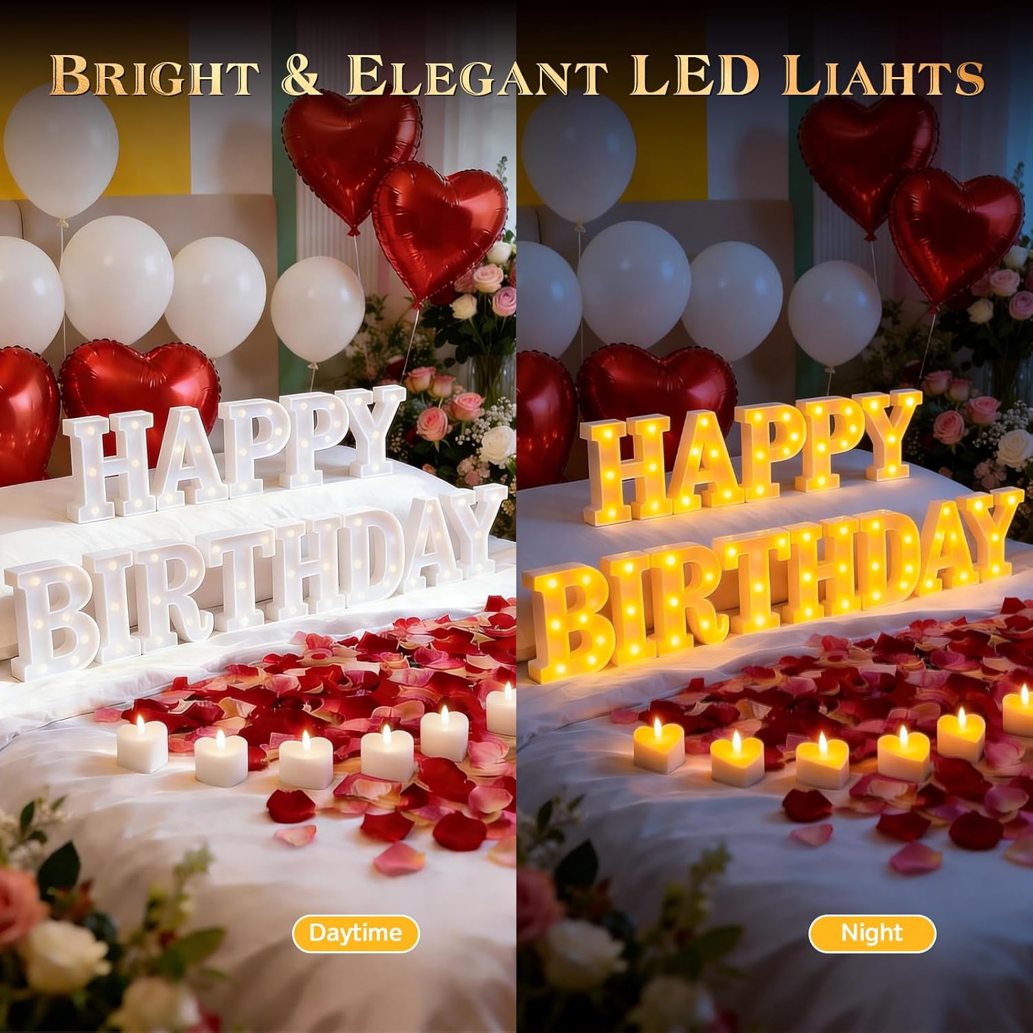 Happy Birthday Light up Letters, Include Tea Lights Candles, Latex Balloons, Aluminum Balloons and Rose Petals, Special Festival, Surprise Gifts for Women and Men