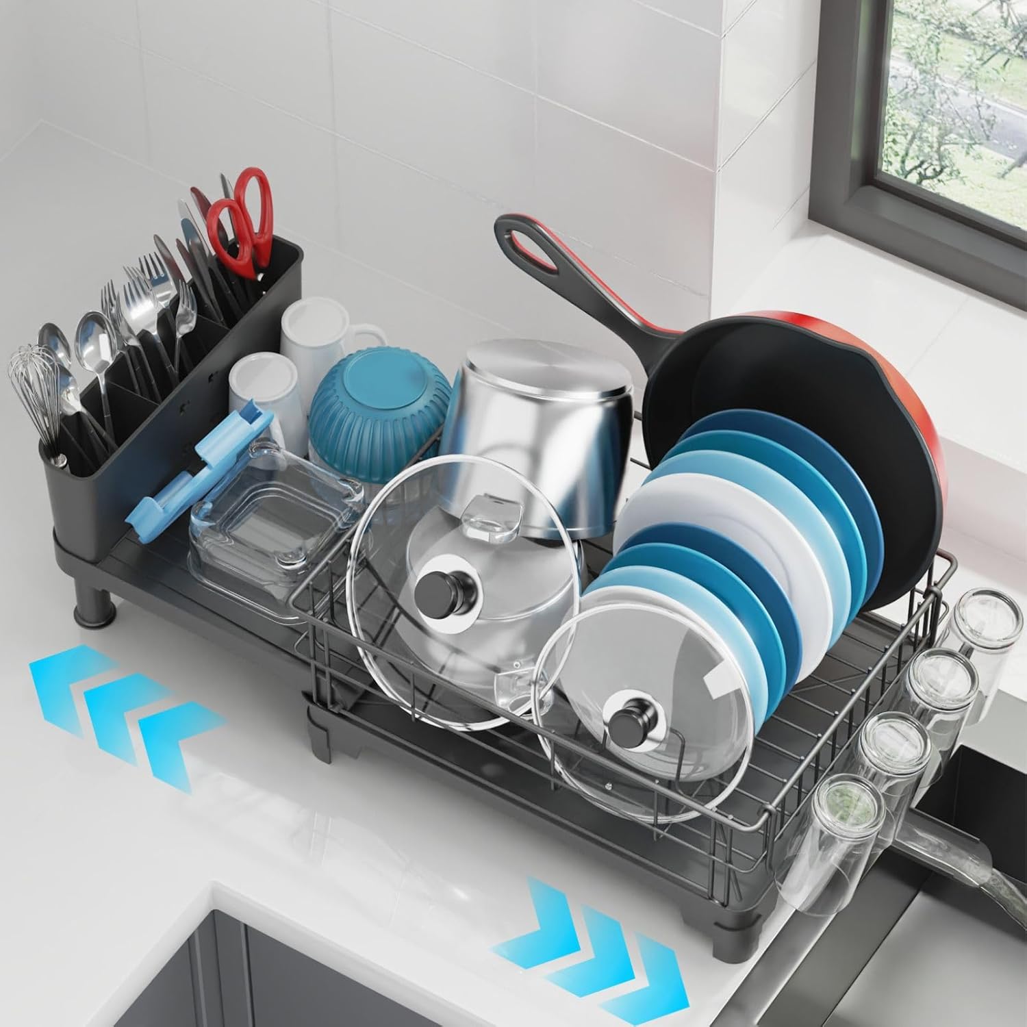 GSlife Expandable Dish Drying Rack - Large Dish Racks for Kitchen Counter with Pan Slot, Anti-Rust Sink Dish Drainer with Drainboard and Utensil Holder, 18.7"-25.2" L x 12.6" W, Black
