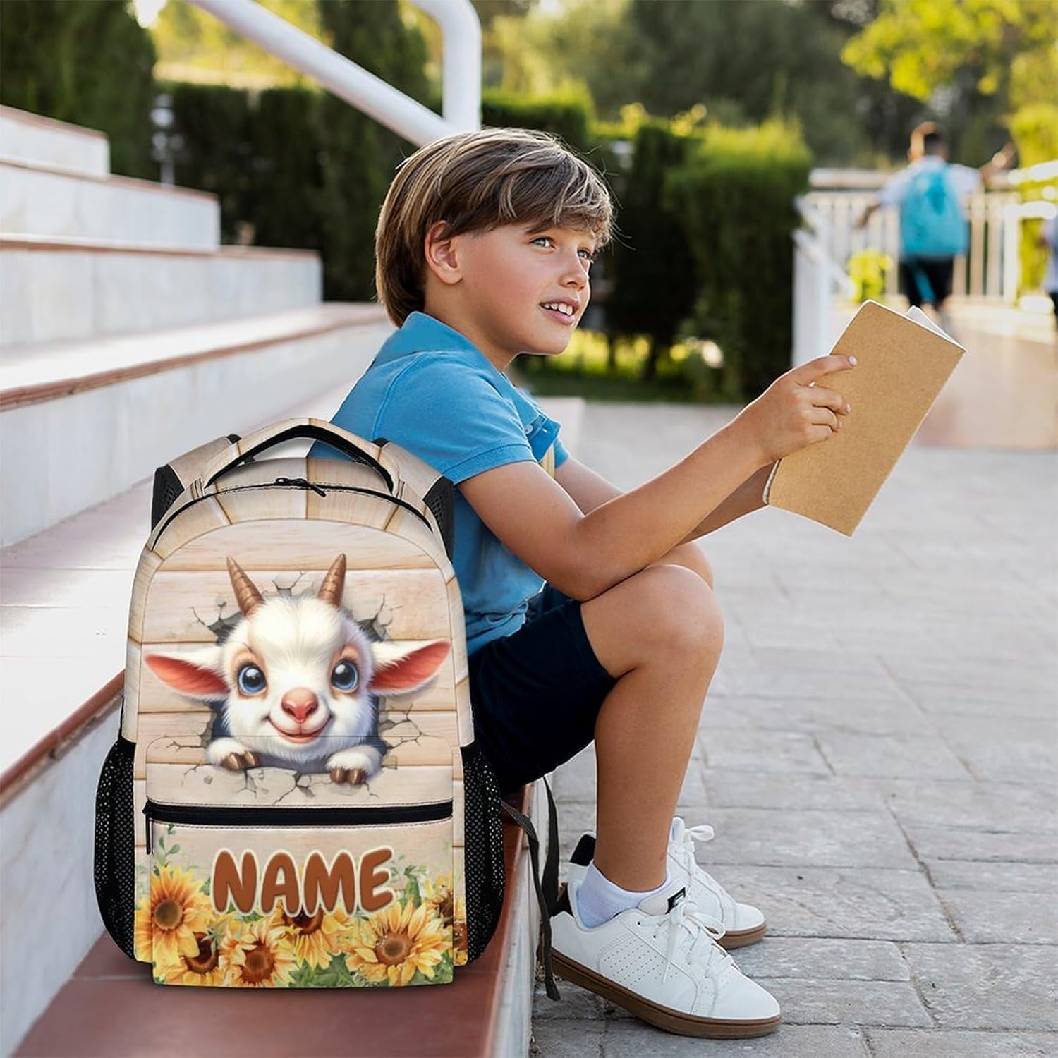 Kids Backpack for School, Custom Goat Backpack, Cute Backpacks for Boys Girls 6-8, 17 Inch Farm Animal Bookbag for School Daily Use Travel Camp