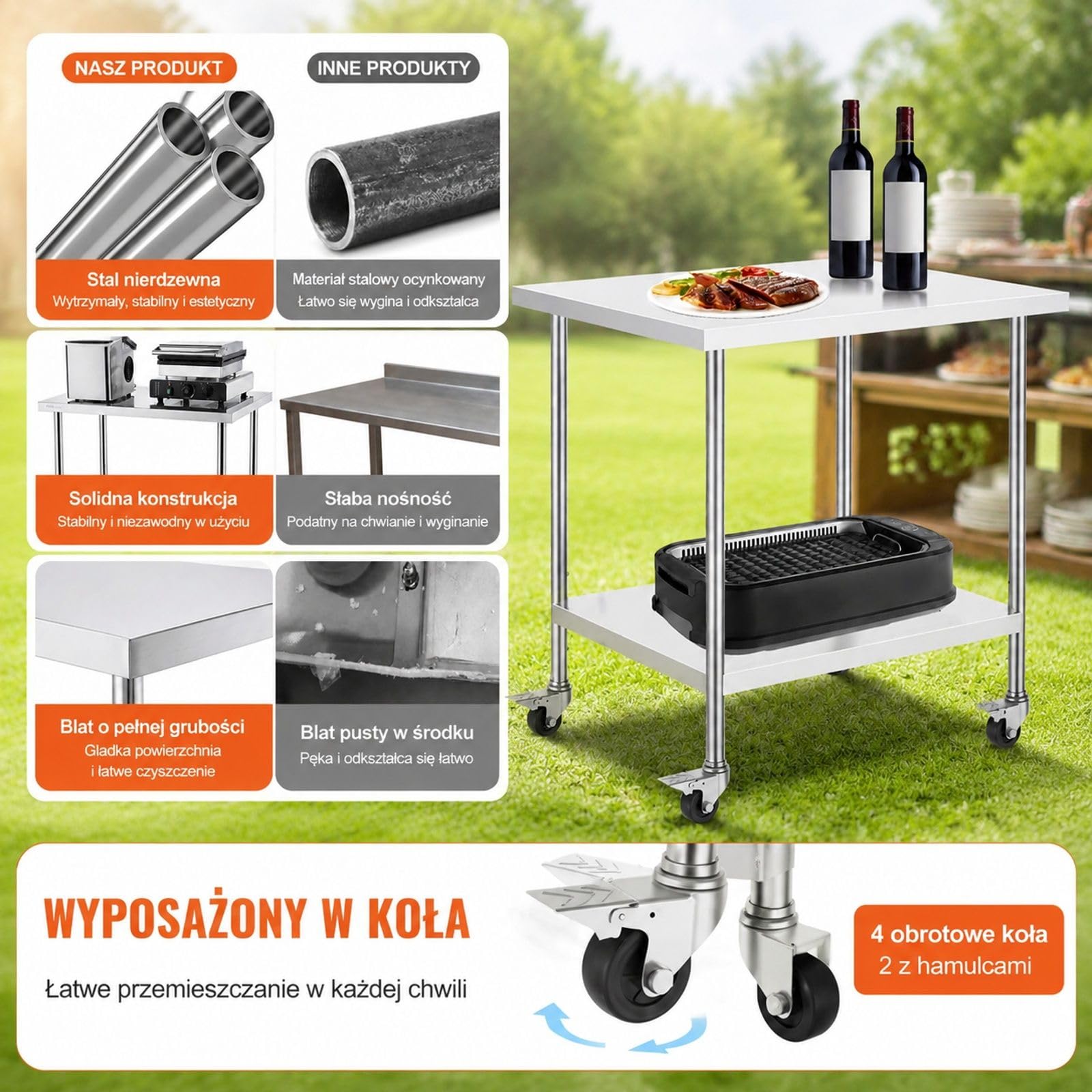 Stół roboczy ze stali nierdzewnej z kółkami i dolną półką do kuchni i restauracji