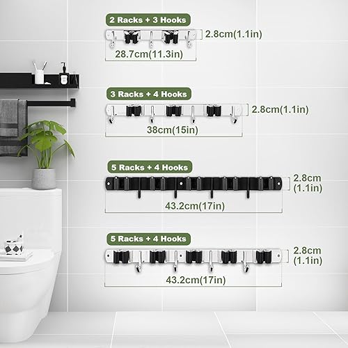 Miniatura 8 de 3 estantes y 4 ganchos soporte para escoba y trapeador montado en la pared organizador de garaje estantes de herramientas de almacenamiento de acero