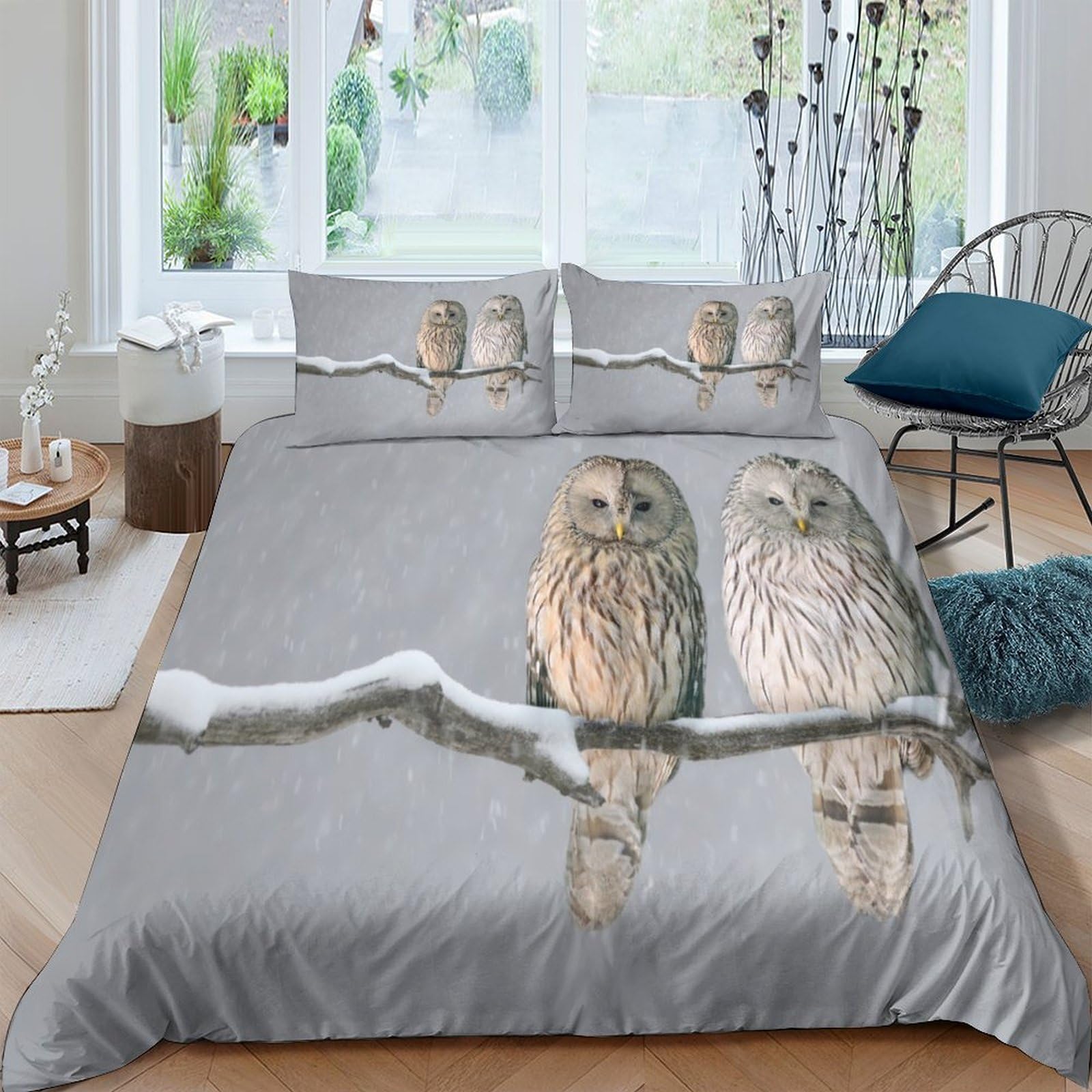 Ctjqhvkz Style-7 3D Printed Owl Branch Fitted Sheet Microfiber Soft Grey Forest Birds Bed Cover For Bedroom Guest Room Decor Single（135X200cm）