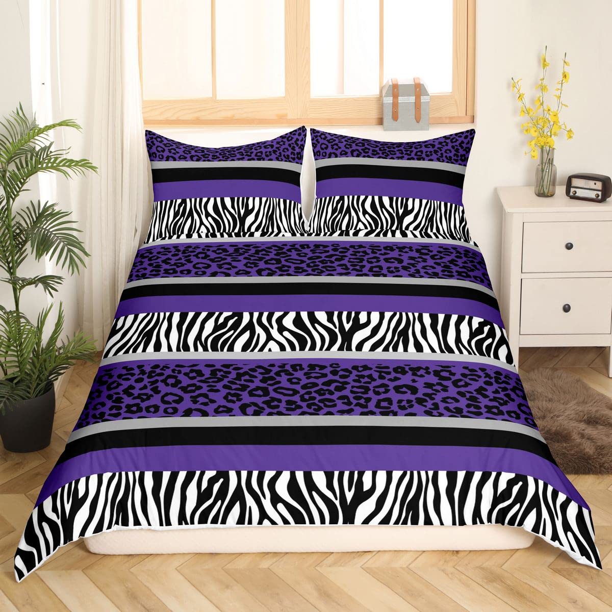 richhome Leopard Print Bedding Set Zebra Stripes Comforter Cover for Kids Boys Girls Teens Purple Black White Zebra Leopard Fur Duvet Cover Safari Animal Hair Bed Set Room Decor Single Size - Image 4