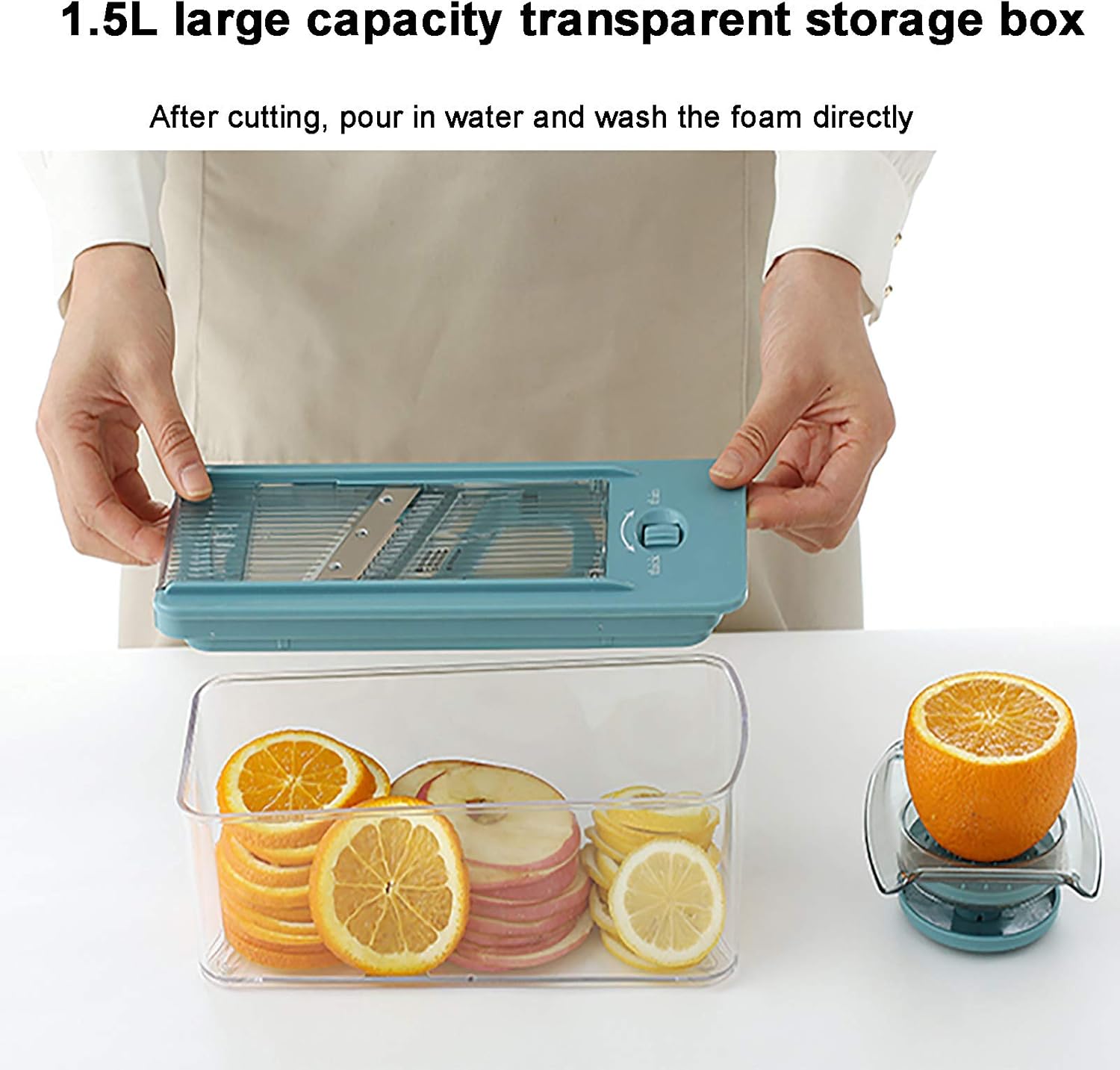 Vegetable Cutter for Kitchen Mandolin Tomato Potato Garlic Fruit Multifunctional Food Chopper Manual Onion Grinder Dicer with Container and Hand Guard Blue 26 x 10 x 10 cm