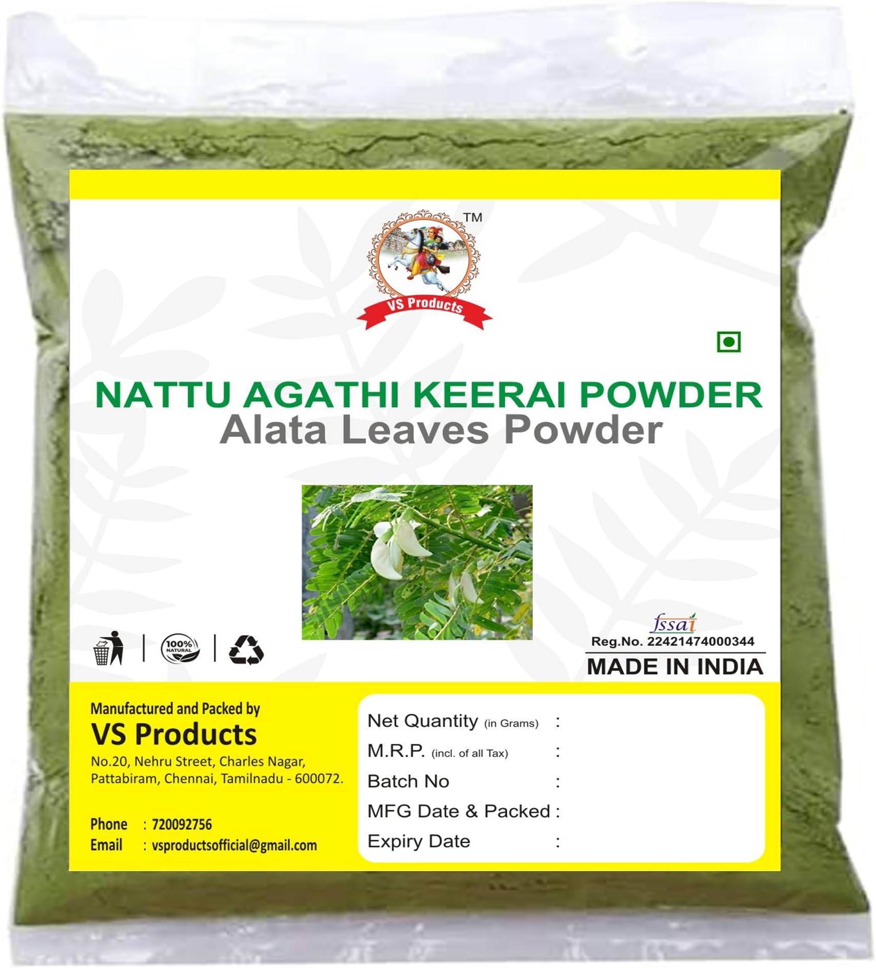 VS ProductsNattu Agathi Keerai Powder, 800g, Alata Cassia, Alata Leaves Powder, Agasti, Agastya, Bak Phul Leaves Powder, Dirghaphalaka Powder, (pack of 8 x 100g)