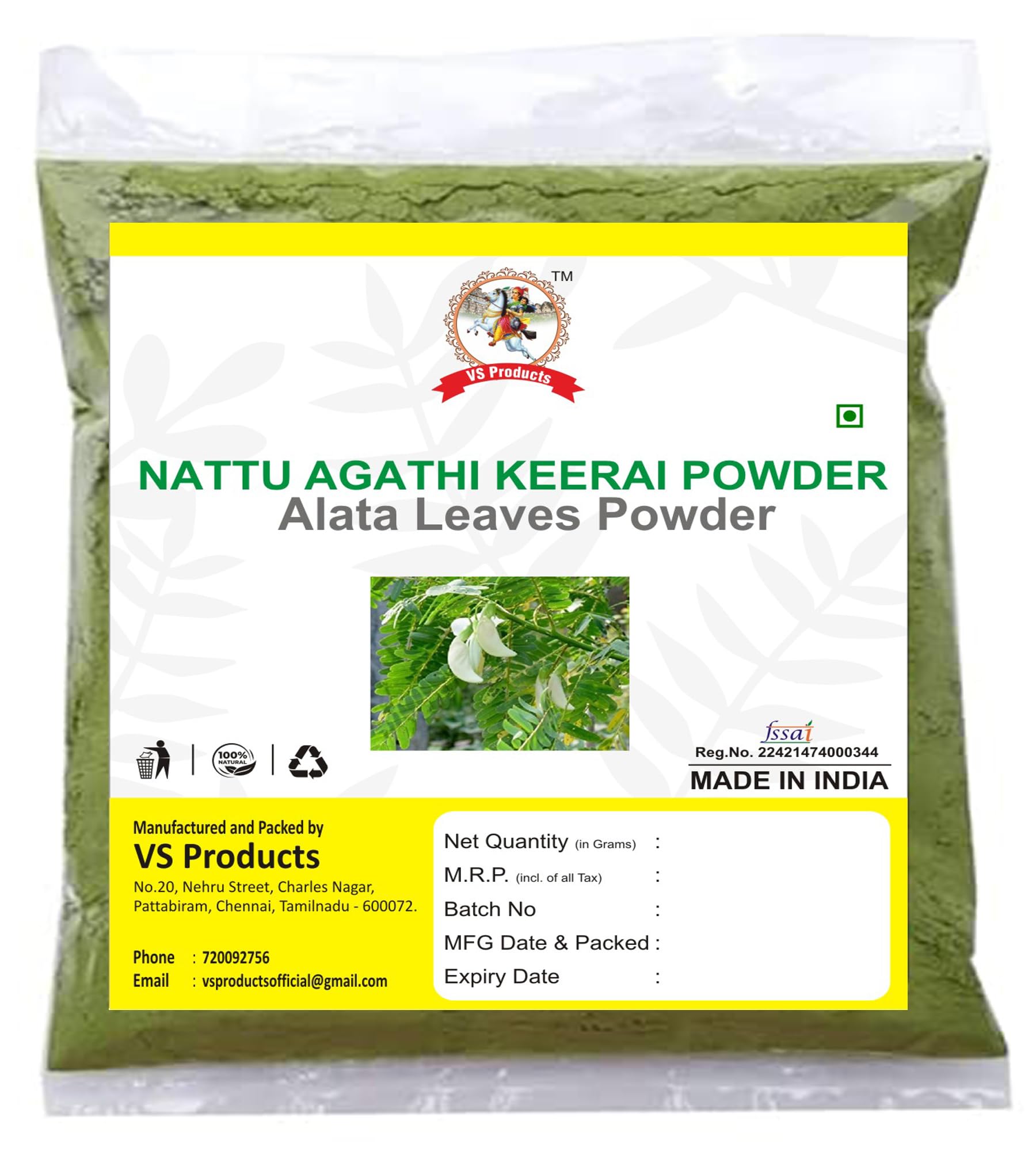 VS ProductsNattu Agathi Keerai Powder, 800g, Alata Cassia, Alata Leaves Powder, Agasti, Agastya, Bak Phul Leaves Powder, Dirghaphalaka Powder, (pack of 8 x 100g)