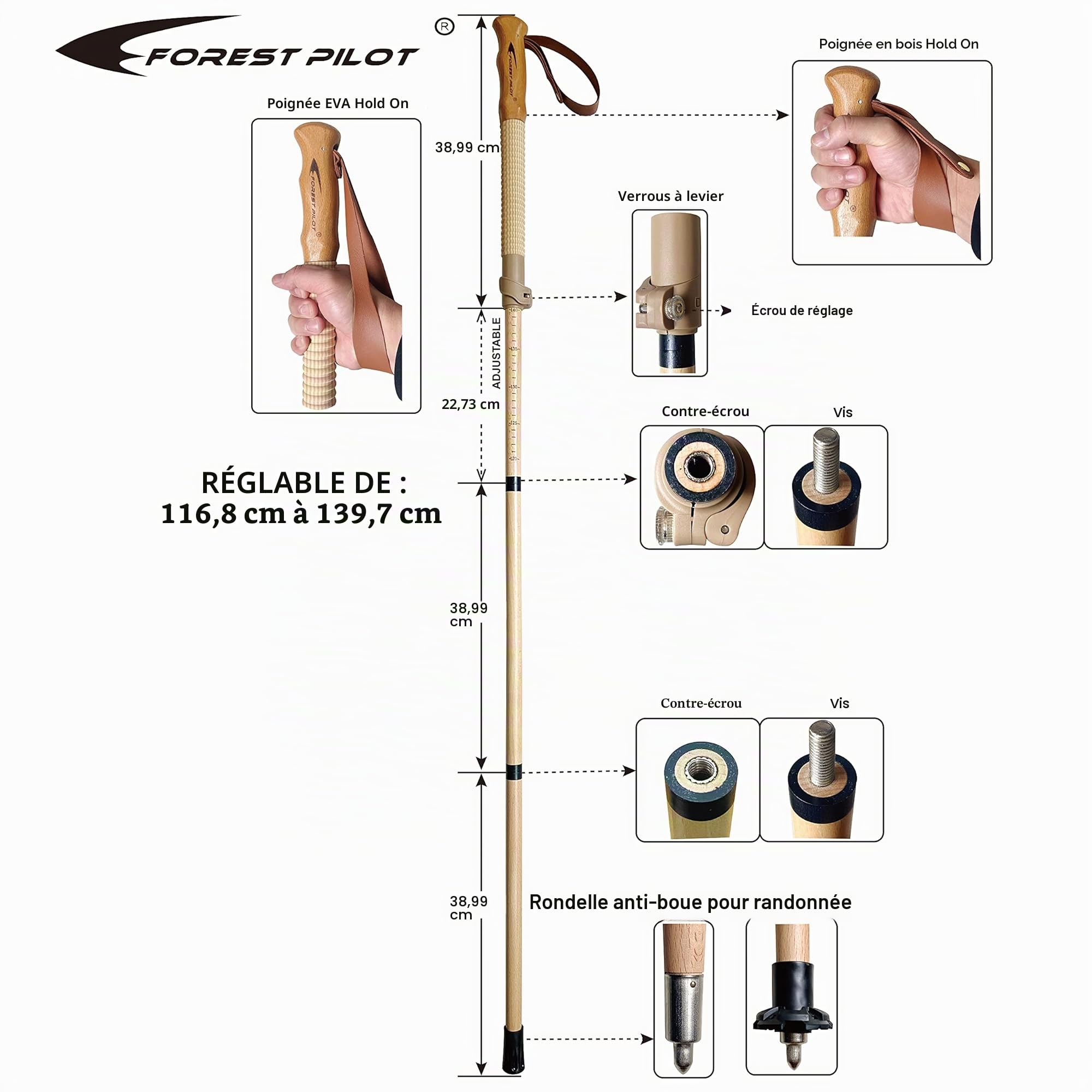 FOREST PILOT Bâtons de randonnée - 1 pièce - Canne de randonnée ou de marche réglable - Bois de hêtre naturel solide - Verrouillage à rabat à réglage rapide - Poignée en bois de hêtre, sangle en cuir