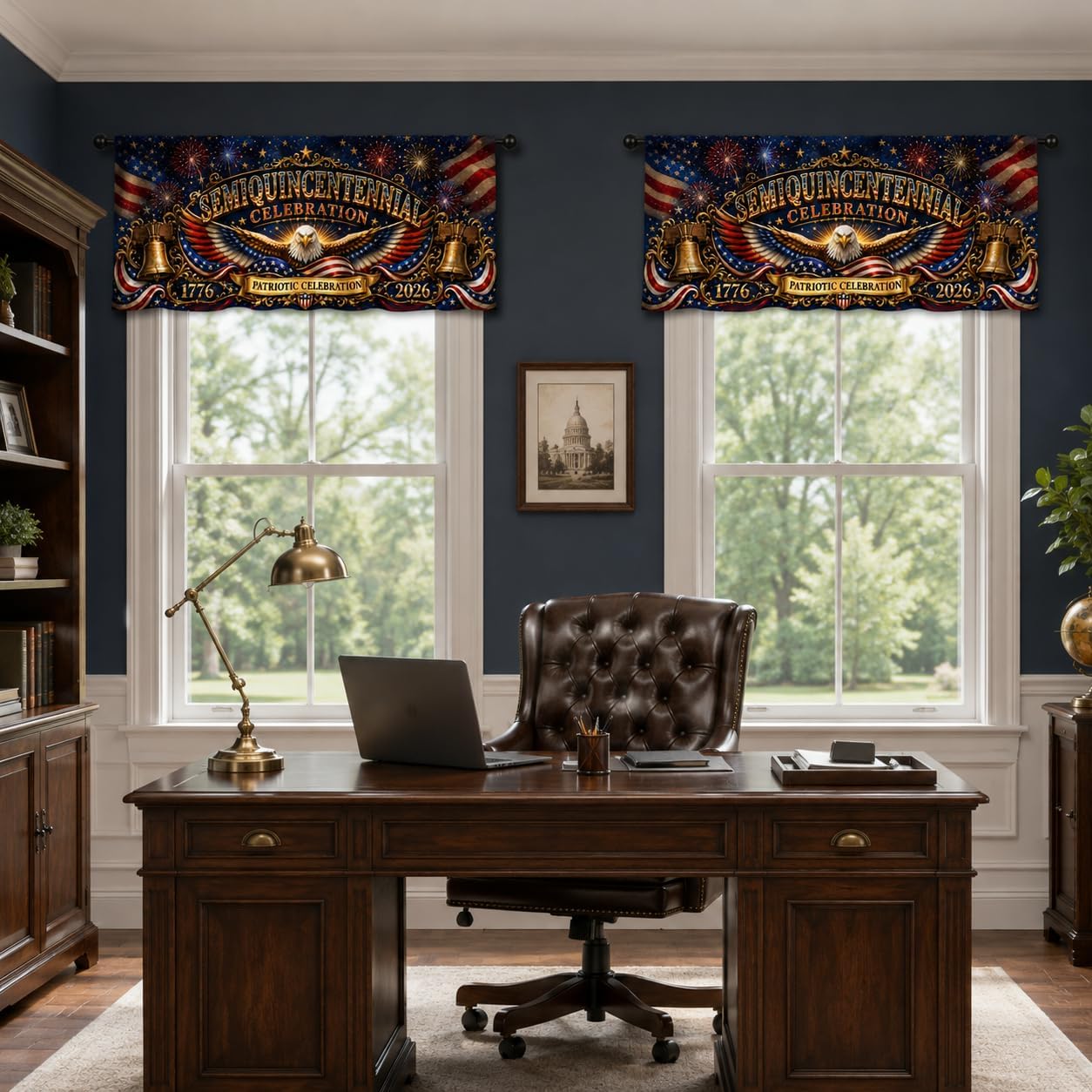 Semiquincentennial Eagle Bell Window Valances, Patriotic Curtain Toppers for Kitchen Bedroom Living Room, Rod Pocket, 54 x 18 Inch, Set of 2 Panels