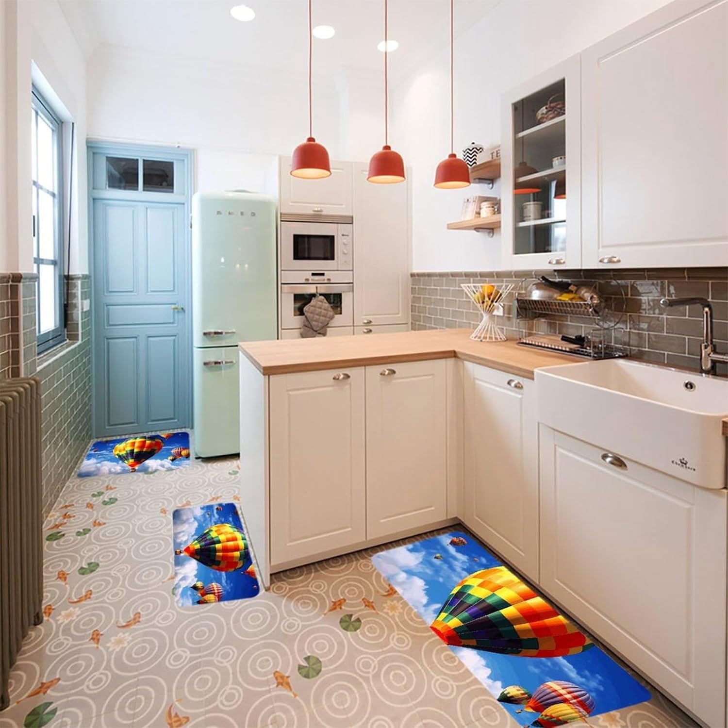Hot Air Balloons Kitchen Mats for Floor 3 Pcs Kitchen Rugs