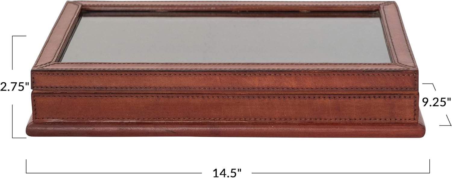 Creative Co-Op Handmade Leather and Wood Decorative Display Box with Glass Lid, Brown