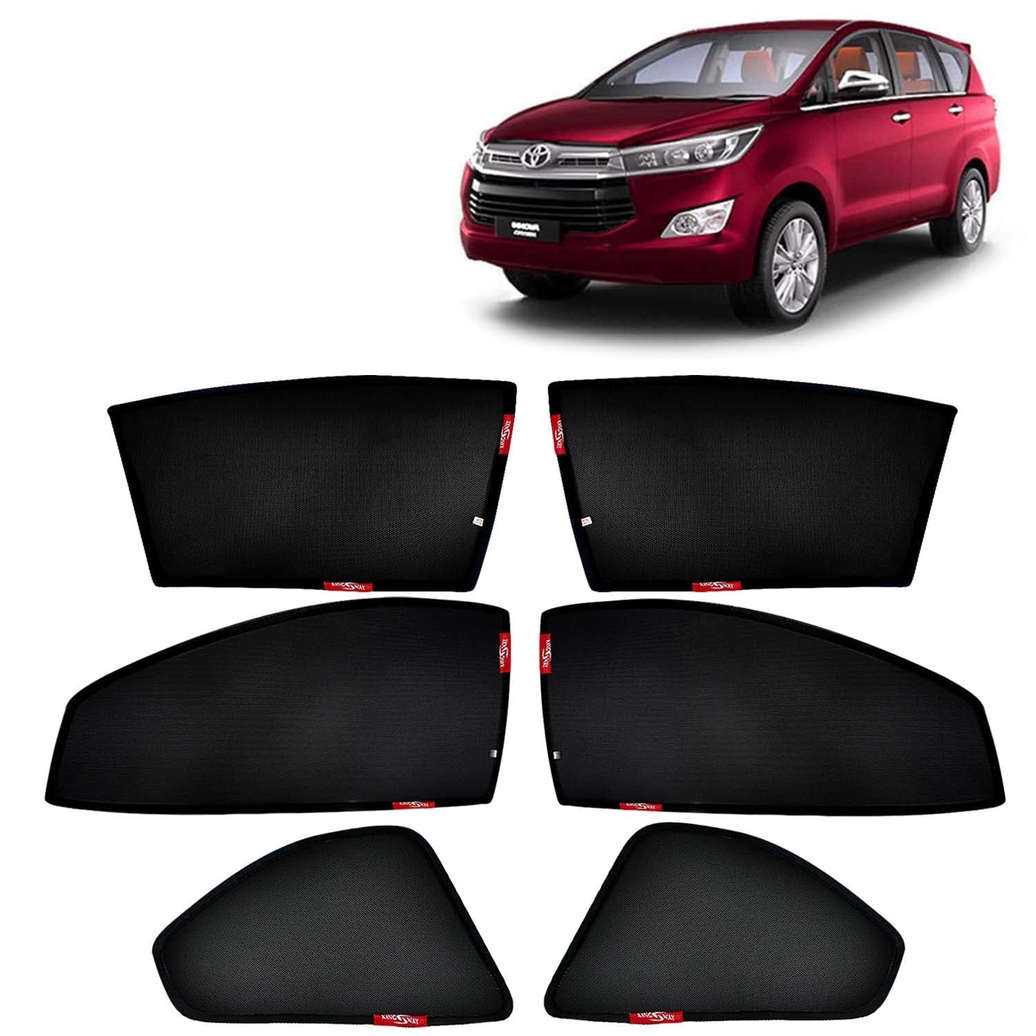 KINGSWAY Accessories Car Sun Shade Z-Black Non Magnetic Fix Type Curtains Only Compatible with Toyota Innova Crysta Year 2015 to 2021 All Model, Only Half Cut in Front Window, Car Curtains, Pack of 6