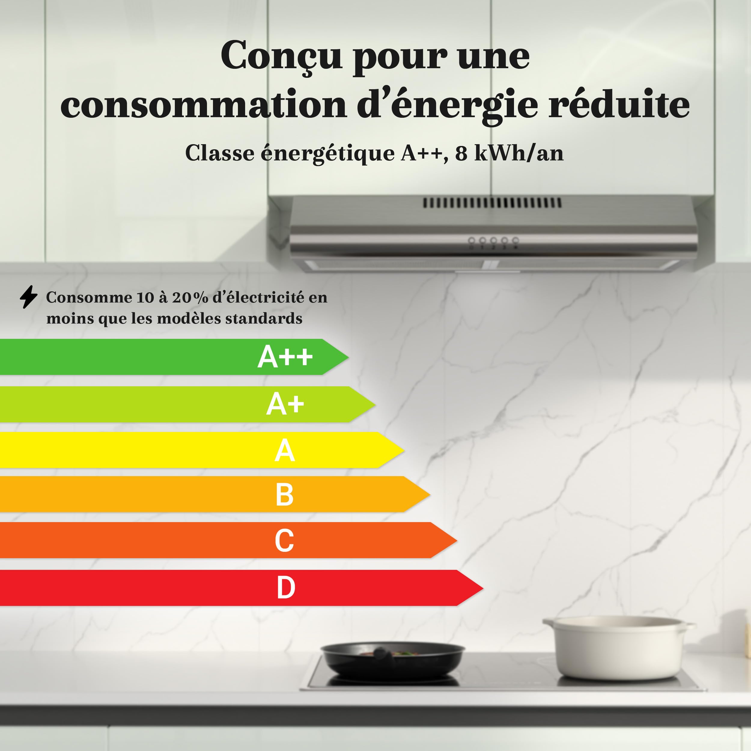 FIREGAS Hotte Aspirante 60cm Classe A++, Moteur Brushless Ultra Silencieuse 46dB, Débit 319m³/h, Hotte Cuisine Inox avec Filtre à Charbon, Évacuation Top/Arrière ou Recyclage, Argenté