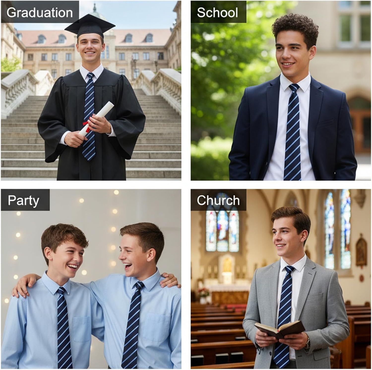 Navy Blue Stripe Zipper School Ties, Formal School Ties for Schools Uniforms, Graduation, Cosplay, Casual