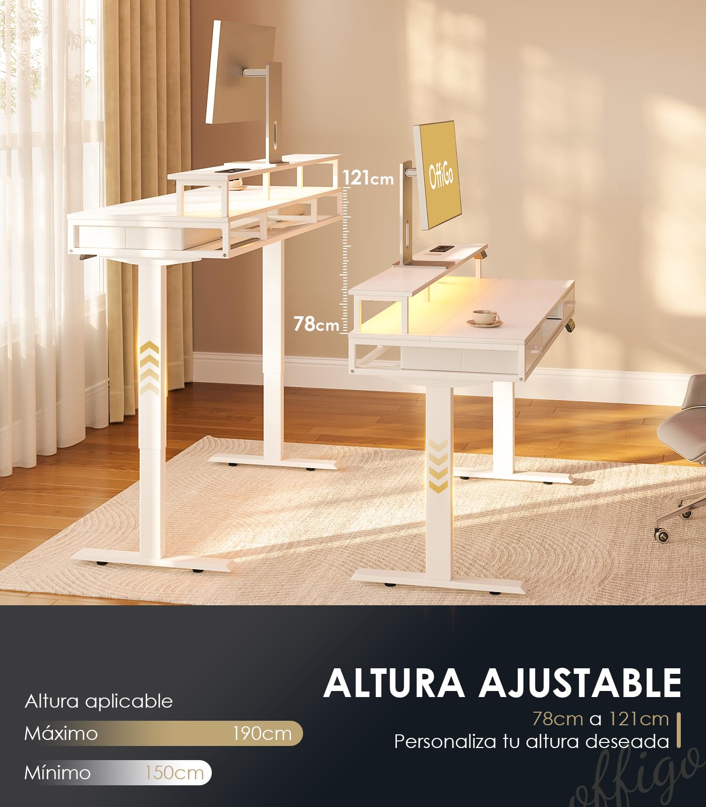 OffiGo Escritorio Elevable con 2 Cajones, 120cm Mesa Elevable, Blanco | Elevable Escritorio con Bandeja para Teclado, Mesa Regulable Altura con Soporte Monitor, Mesa Elevable con Enchufes y LED