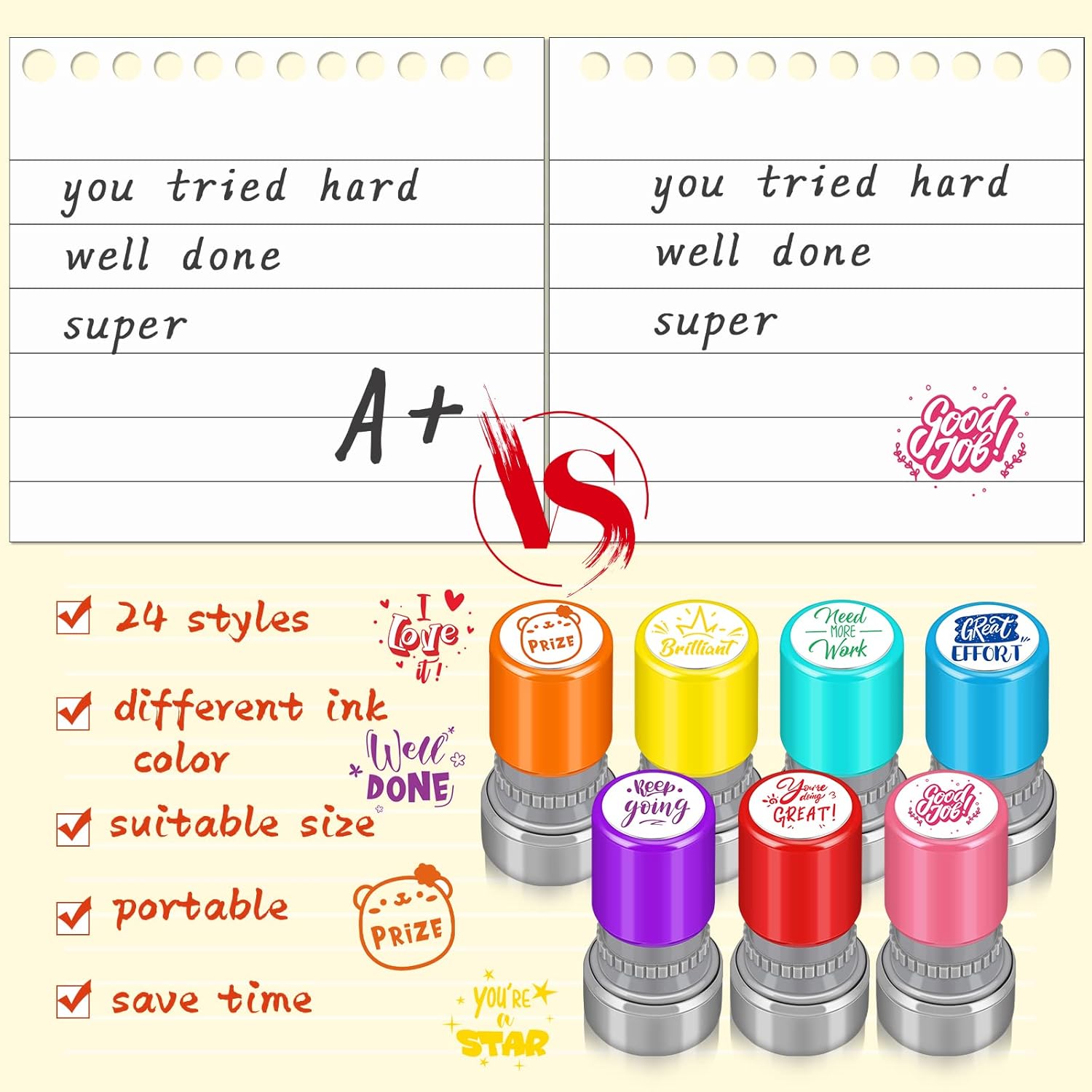 Yinder 24 Pcs Teacher Stamps for Classroom Self Inking School Classroom Stamps Gifts Bulk for Teachers Elementary Colorful Motivational Encouraging Supplies(Modern)