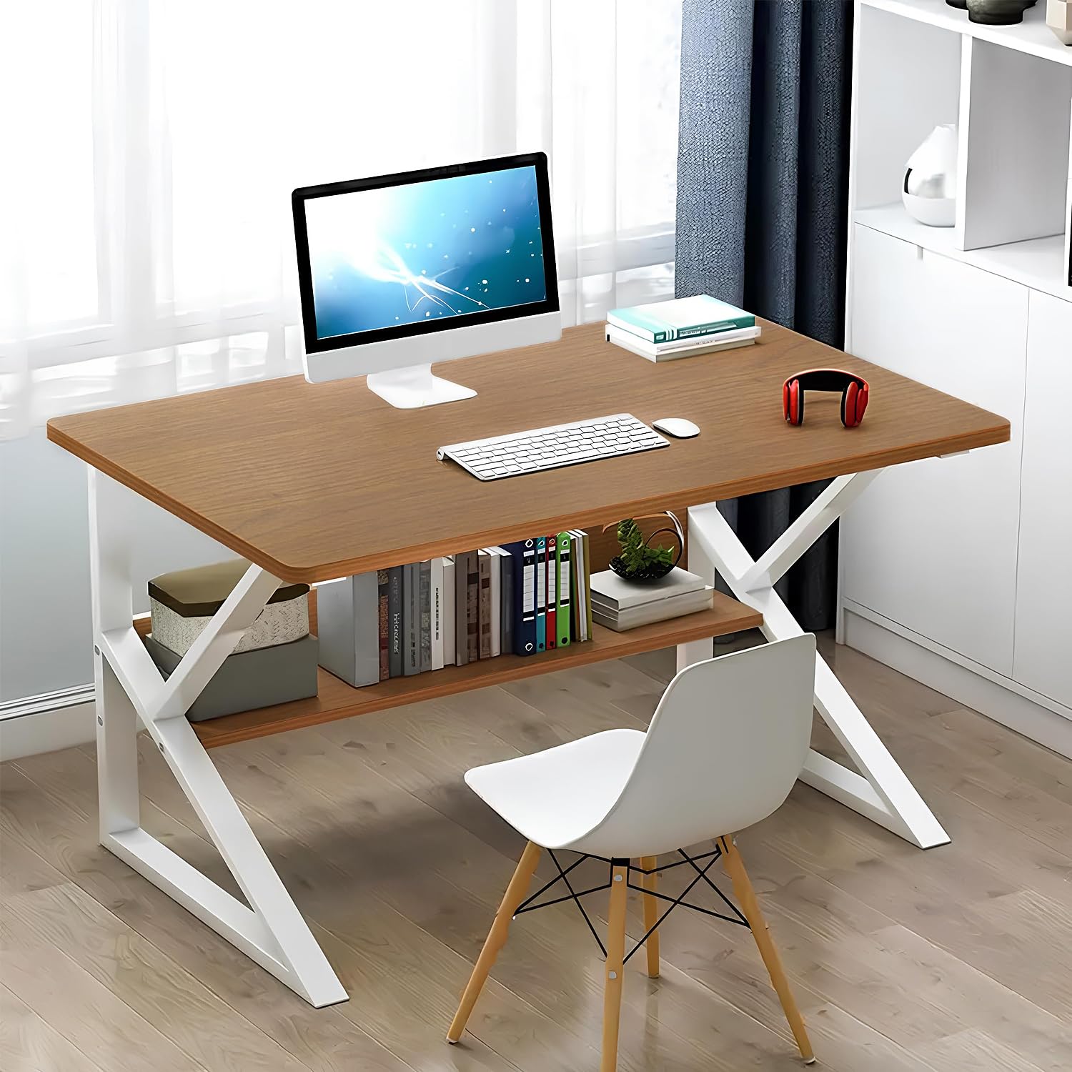 Lukzer Modern Engineered Wood Computer Desk with Built-in Bookshelf, Space-Saving Design, Oak Brown Top & White Frame, Study Table,100x50x78cm (MST-00...