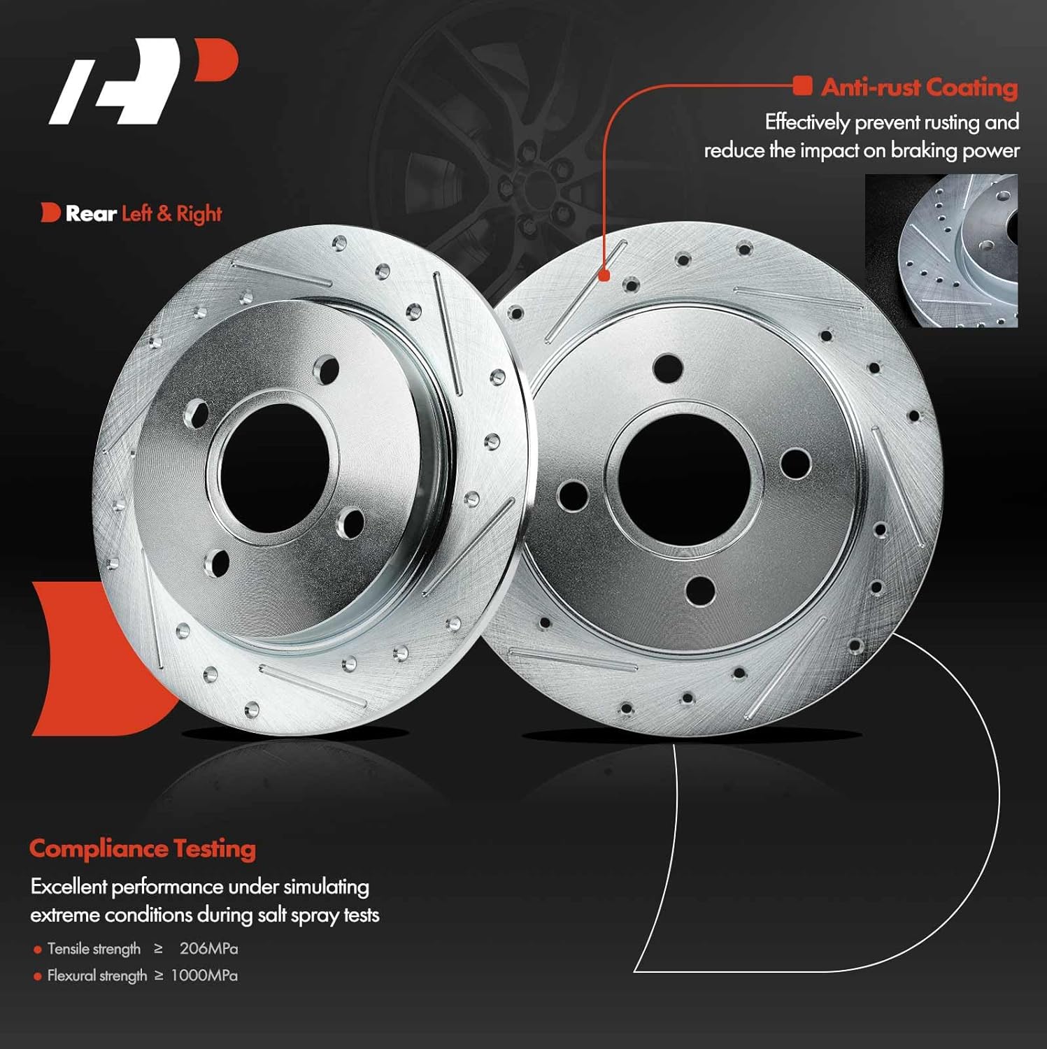 A-Premium 9.97 inch (253mm) Rear Drilled and Slotted Disc Brake Rotors Compatible with Select Ford Models - Focus 2001-2007, Fiesta 2014-2019 1.6L, 2-PC Set