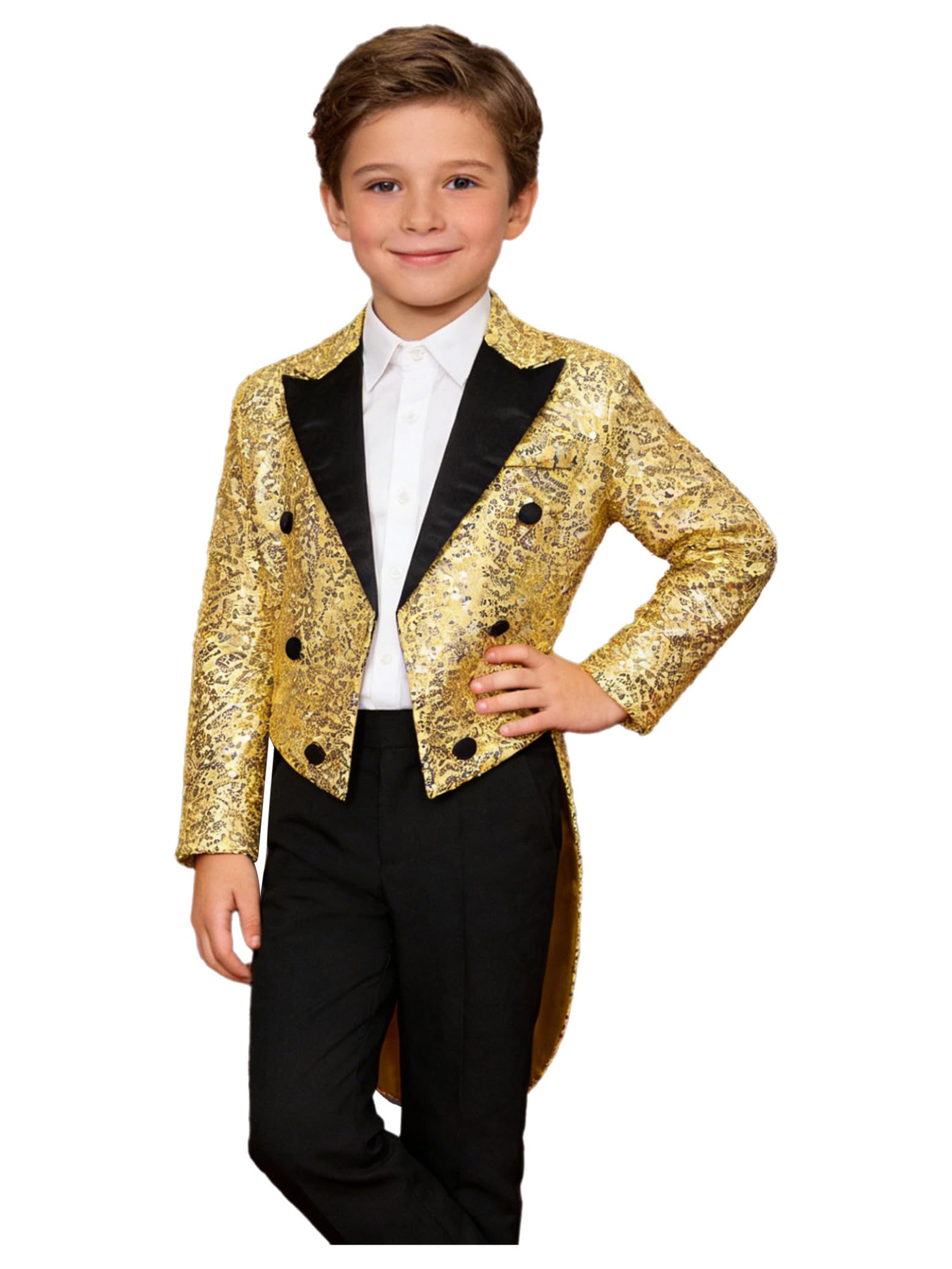 Hedmy Chaqueta Brillante de Fiesta para Niños Blazer Lentejuelas de Esmoquin con Solapa y Botones Cruzados Chaqueta de Mago 5-14 Años Dorado 11-12 años
