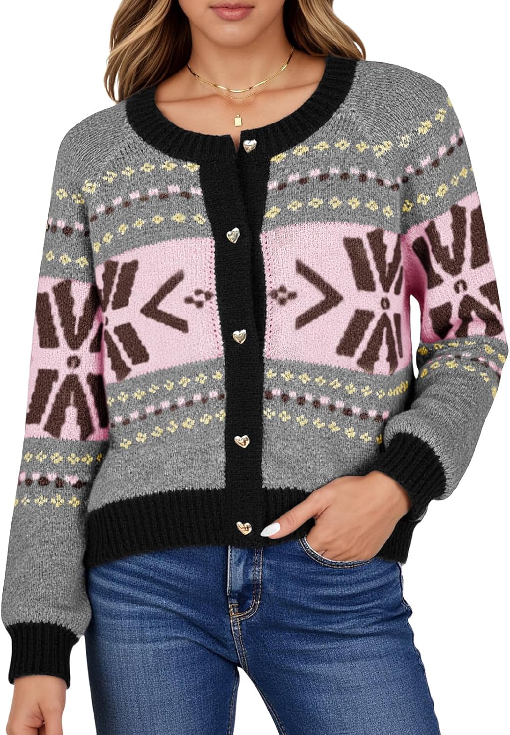 Saodimallsu Womens Button Up Cardigan Sweaters Crew Neck Vintage Fair Isle Long Sleeve Warm Knit Christmas Sweater Coats