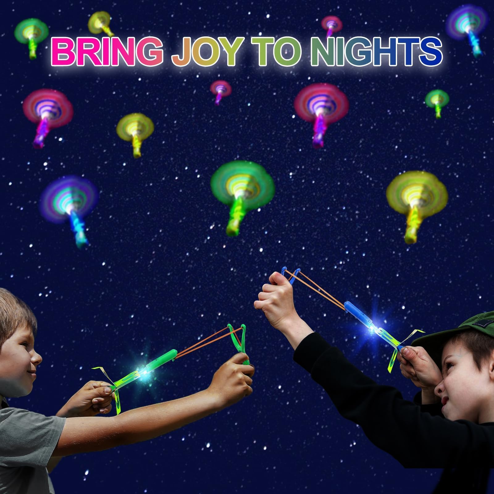 Tirachinas voladoras con luces, cohetes helicópteros, 4 colores para niños, juguete de helicóptero lanzado con banda de goma, incluye 12 helicópteros + 12 lanzadores, para verano al aire libre 5
