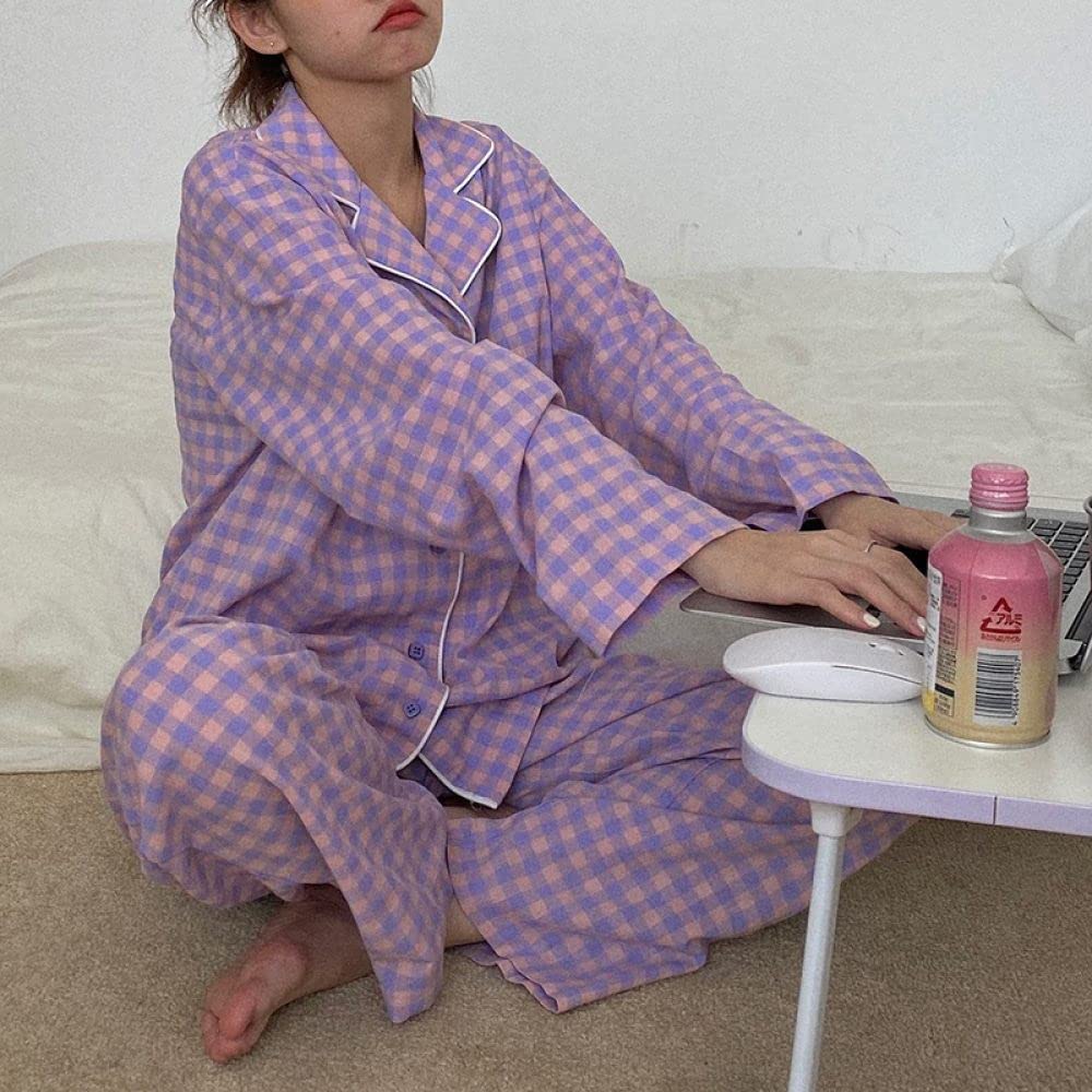 Pigiama Donna Corto Versatile A Quadri Dolce Pigiama in Cotone Pigiama Set Casual Manica Lunga Donna Pigiama Top & Pantaloni Indumenti da Notte Cozy Soft Loungewear