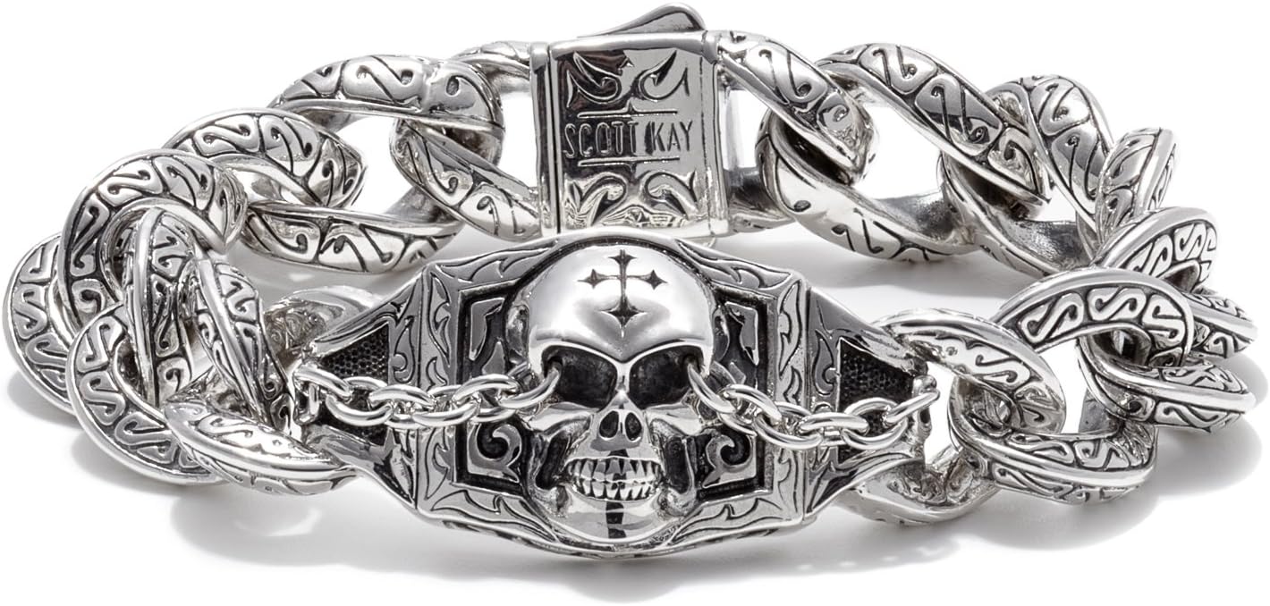 Scott Kay Sparta Collection Sterling Silver Skull Bracelet with Sparta Engraving, 8.5 inches