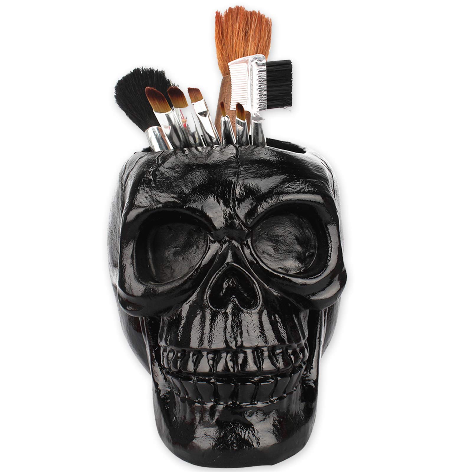 Regilt Skull Pen Holder Cup Skull Makeup Brush Holder Desktop Flower Pot Resin Skeleton Head Desktop Stationery Pins Organizer for Home Office Decoration Dressing Table Halloween (Black) - Black