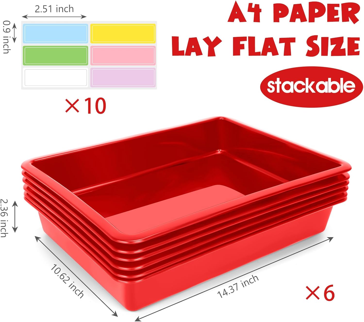 ShineMe 6 Pack Paper Trays for Classroom, Red Plastic Book Bins with Colorful Labels, Stackable Letter Size Storage Tray, Desk Organizer Tray for Home, School and Office