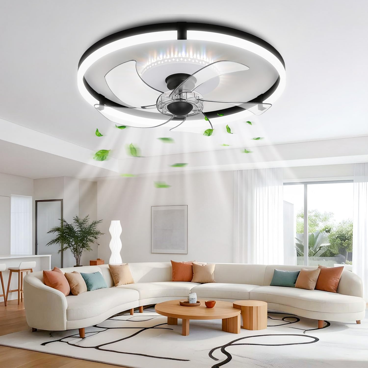 Omdekor Ventilator Deckenleuchte, Leise, LED Deckenventilator mit Beleuchtung, App & Fernbedienung, 6-Gang, Dimmbar 3 Farbtemperaturen, Timer, 55W, für Wohn-/Schlaf-/Esszimmer