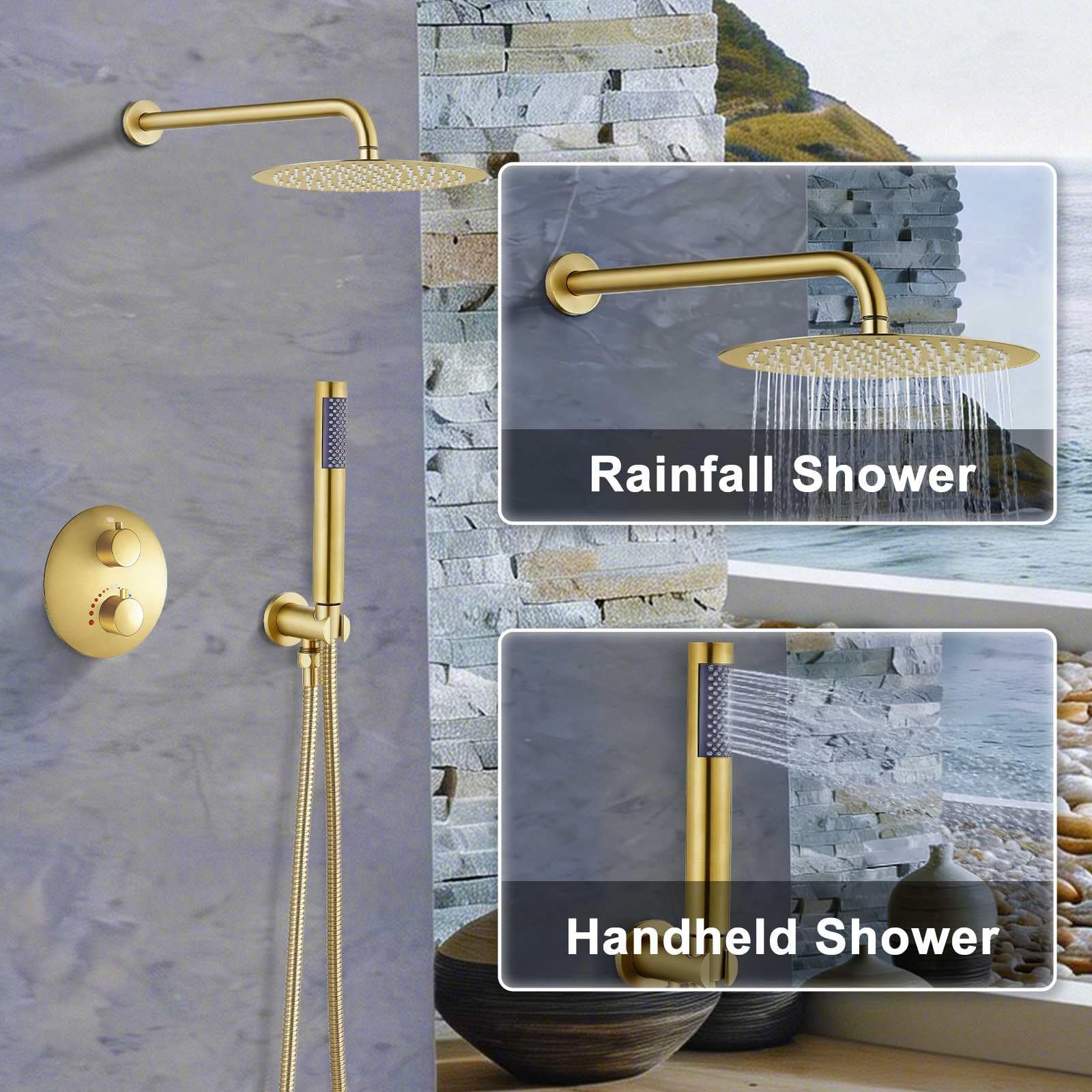 SaniteModar Ducha Empotrada con Termostato | Grifo Ducha Empotrado con Ducha de Lluvia 25cm y Rociador de Mano | Oro Cepillado