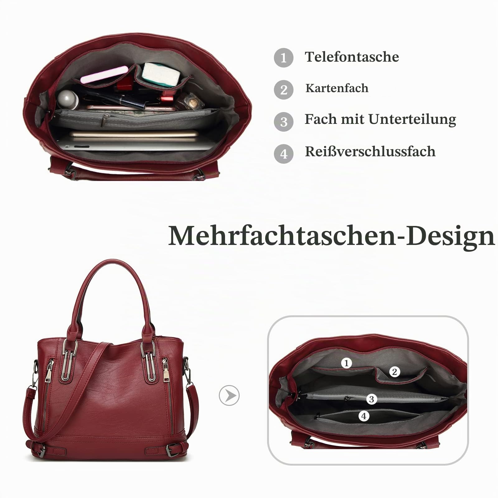 FANDARE Leichte Handtschasche Vintage Schultertasche Damen Umhängetasche Frauen Schulranzen PU Leder Wasserdicht für Shopper Reisen Arbeitstasche Messenger Tote Bags Weinrot