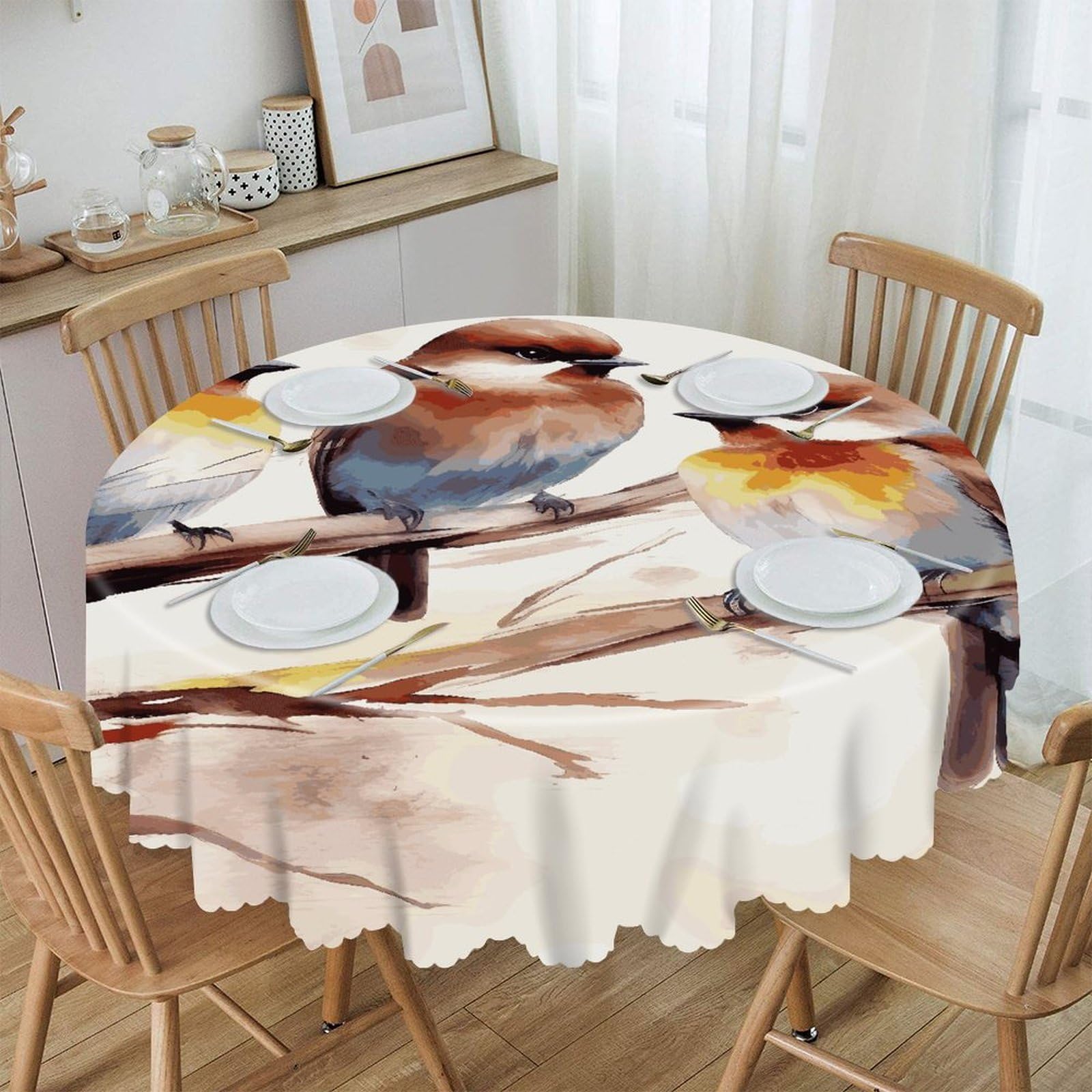 FekiLoot 60 Inch Round Birds Resting on Tree Branch Tablecloth Waterproof Heavy Duty Polyester Table Cloth Spill-Proof Wipeable Table Cover Decorative Circle Dining Tablecover for Party Outdoor