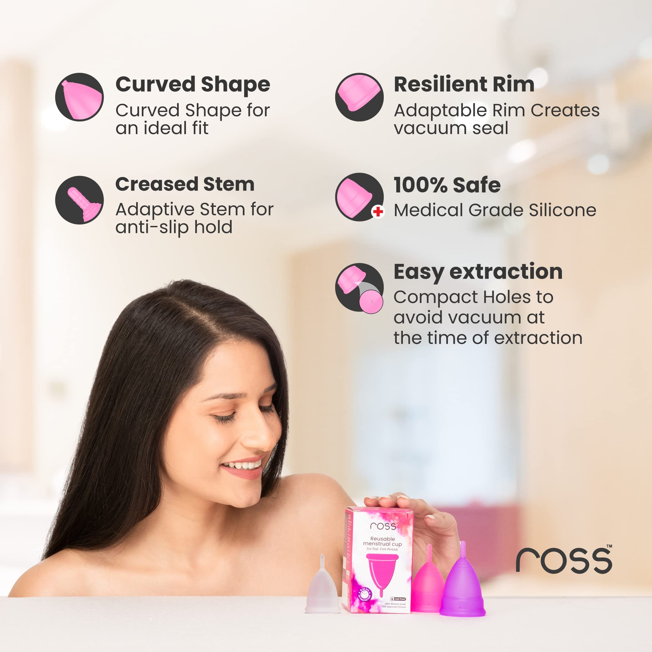 Ross Reusable Menstrual Cup for Women- Medium, Odour free and Rash Free, No Leakage, Protection for Up to 8-10 Hours, FDA Approved with Pouch 4