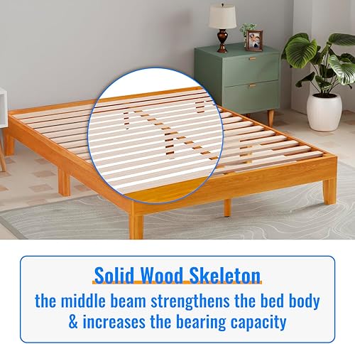 Miniatura 35 de PayLessHere Base de cama de plataforma de madera con cabecero tamaño King, base de madera maciza, soporte de listones de madera, no necesita somier,