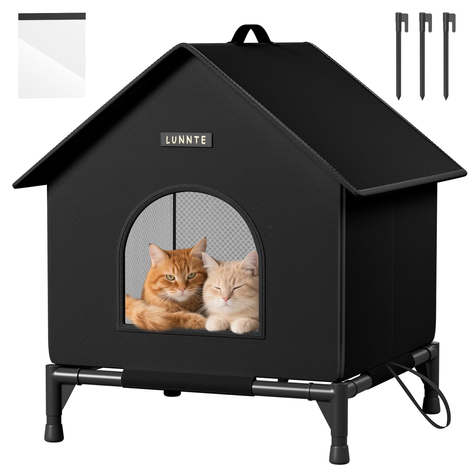 Cuccia per gatti da esterno con design rialzato, impermeabile, per esterni, calda grotta per cani con tenda per porta, lavabile, riparo per animali domestici randagi (nero, L)