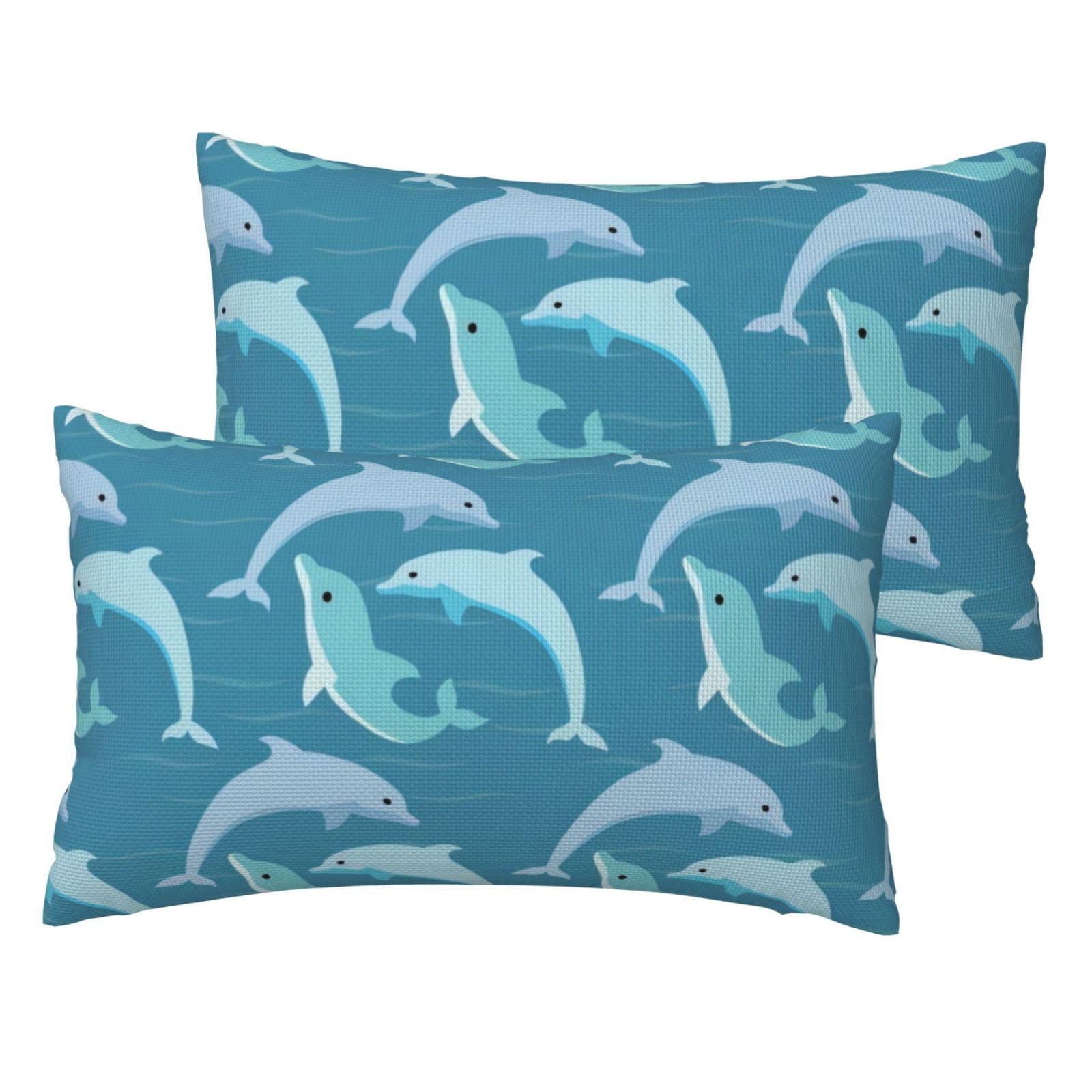 Taies d'oreiller imitation lin imprimé dauphin linge de lit bleu motif océan