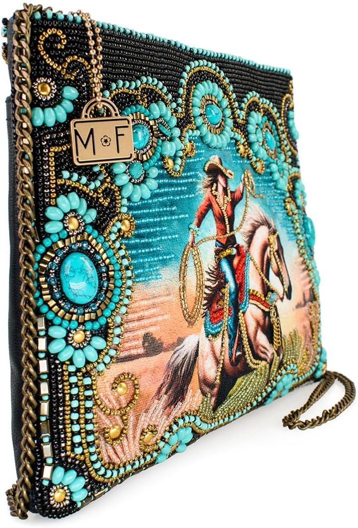 Mary Frances Cowgirl Beaded Crossbody Handbag with Western Rodeo Motif and Turquoise Accents Novelty Statement Clutch Bag, Multicolor
