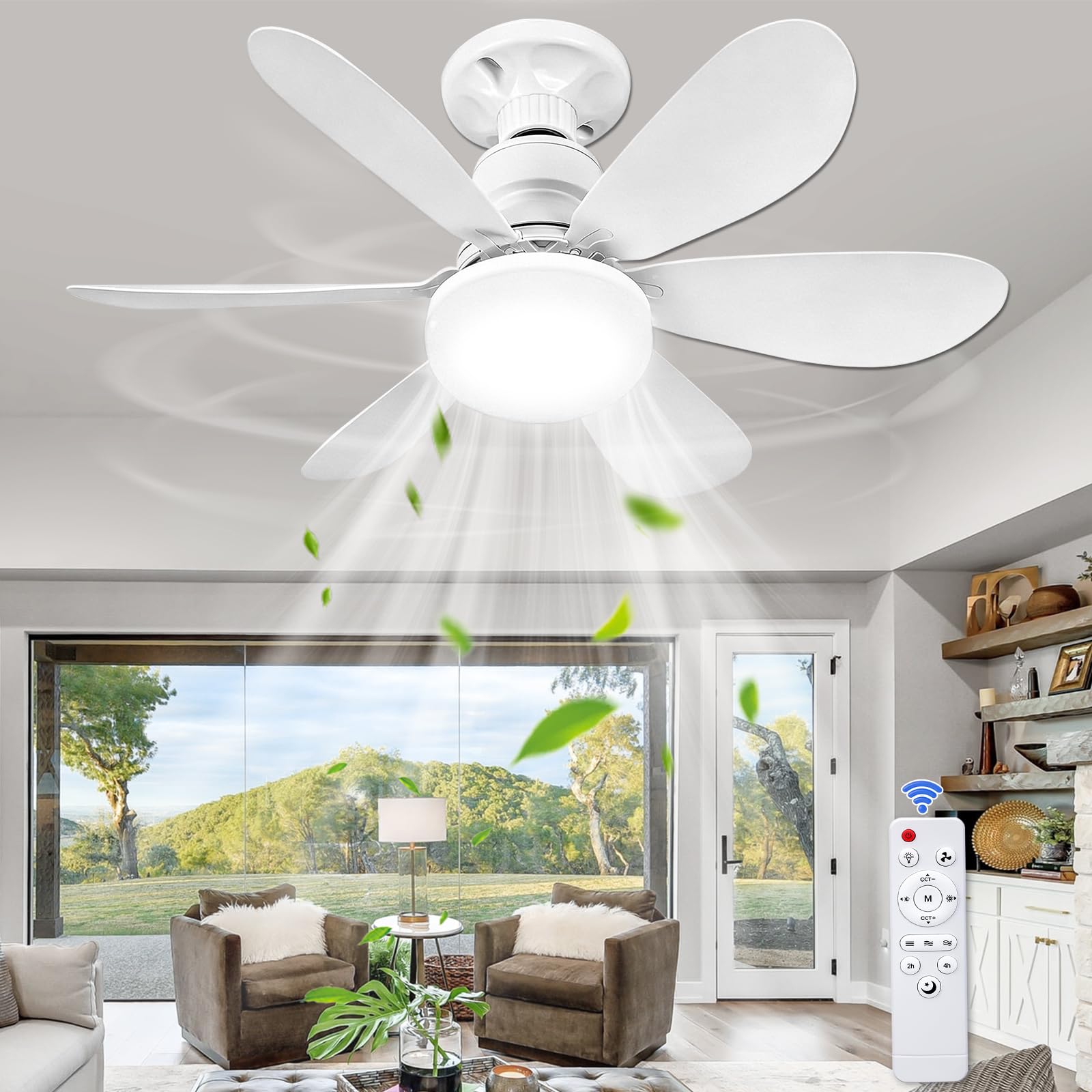 Ventilatore da Soffitto con Luce e Telecomando, 52 cm, 40 W, Ventilatore a Soffitto LED con Portalampada E27, Dimmerabile a 3 Modalità, 3 Velocità, per Soggiorno, Camera da Letto e Sala da Pranzo