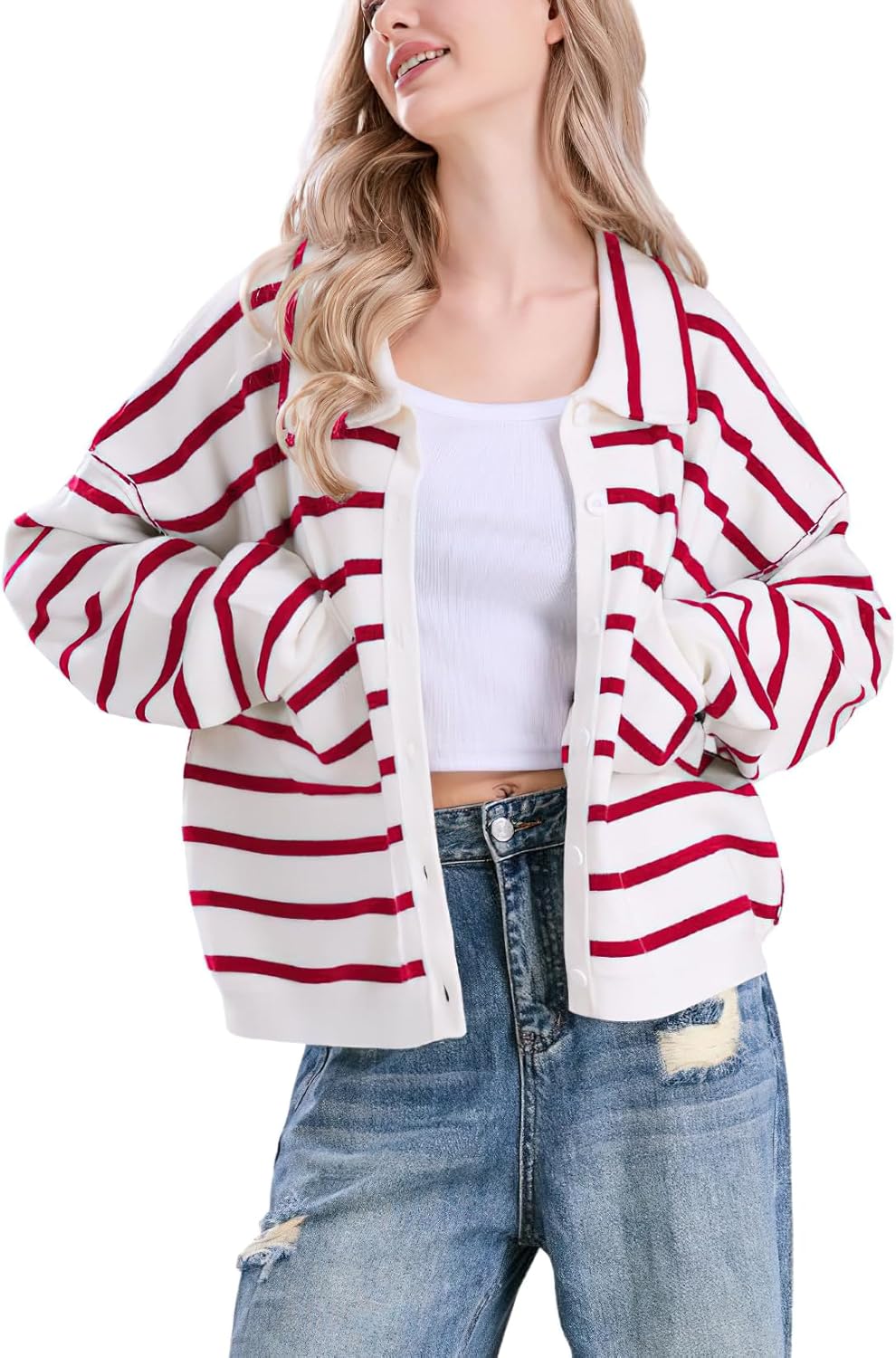 chouyatou Women's Button Down Striped Cardigan Sweater Polo Collar Open Front Knit Jacket 2024 Fall Outfits