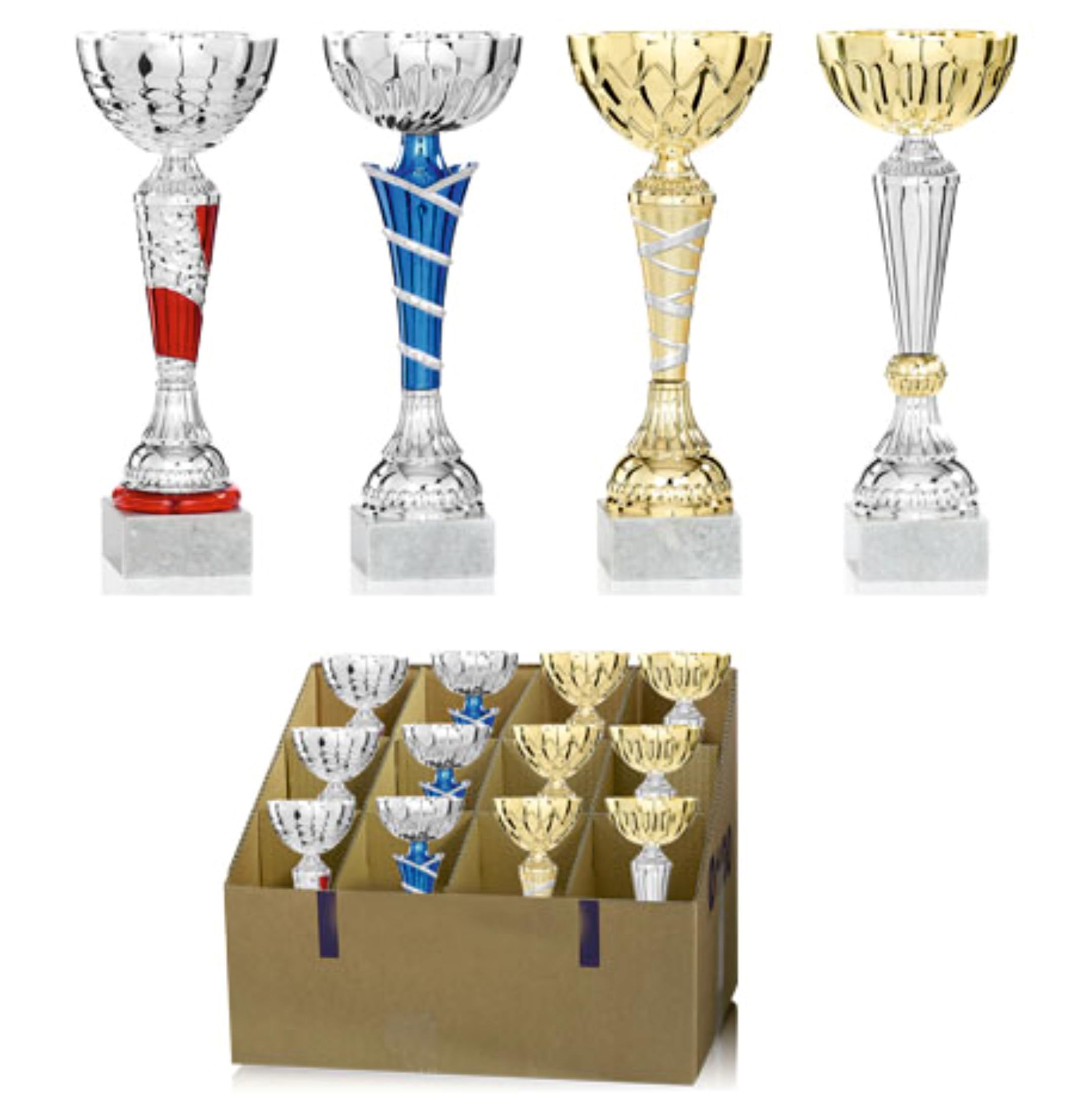 Lote de 12 Trofeos, Copas Deportivas, Premios metálicos con peana de mármol, 4 modelos en 3 alutras cada uno, todos Grabados