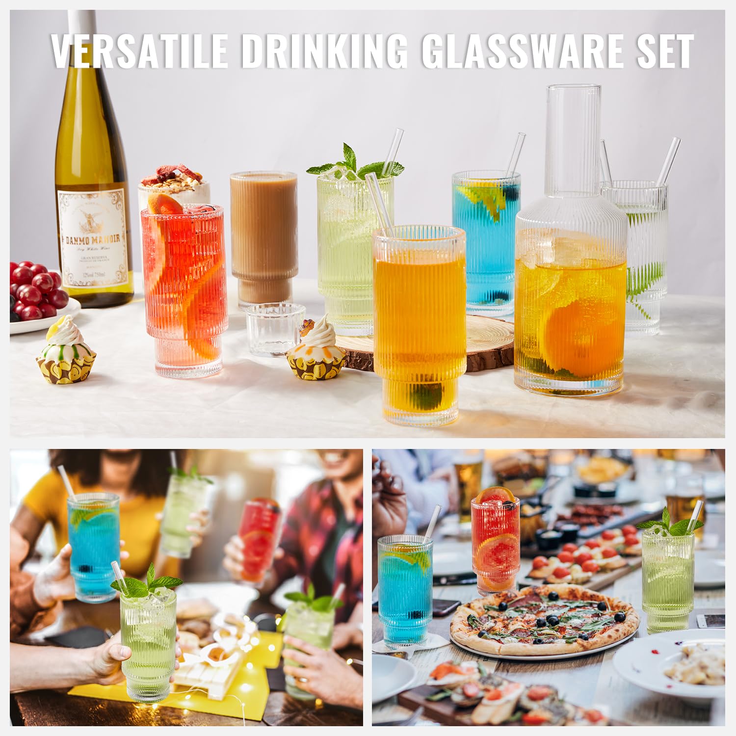 Szklanki do picia, 8 szklanek ze słomkami i karafką na wodę, prążkowane szkło, szklanki typu highball, karafka nocna i zestaw szklanek, dzbanek kuchenny i kubki do napojów, lodowej kawy, styl origami