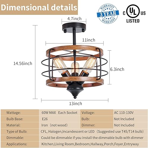 Miniatura 8 de Lámpara de techo semiempotrada, lámpara de techo retro de granja de 3 luces, luces industriales rústicas, iluminación vintage de metal marrón para