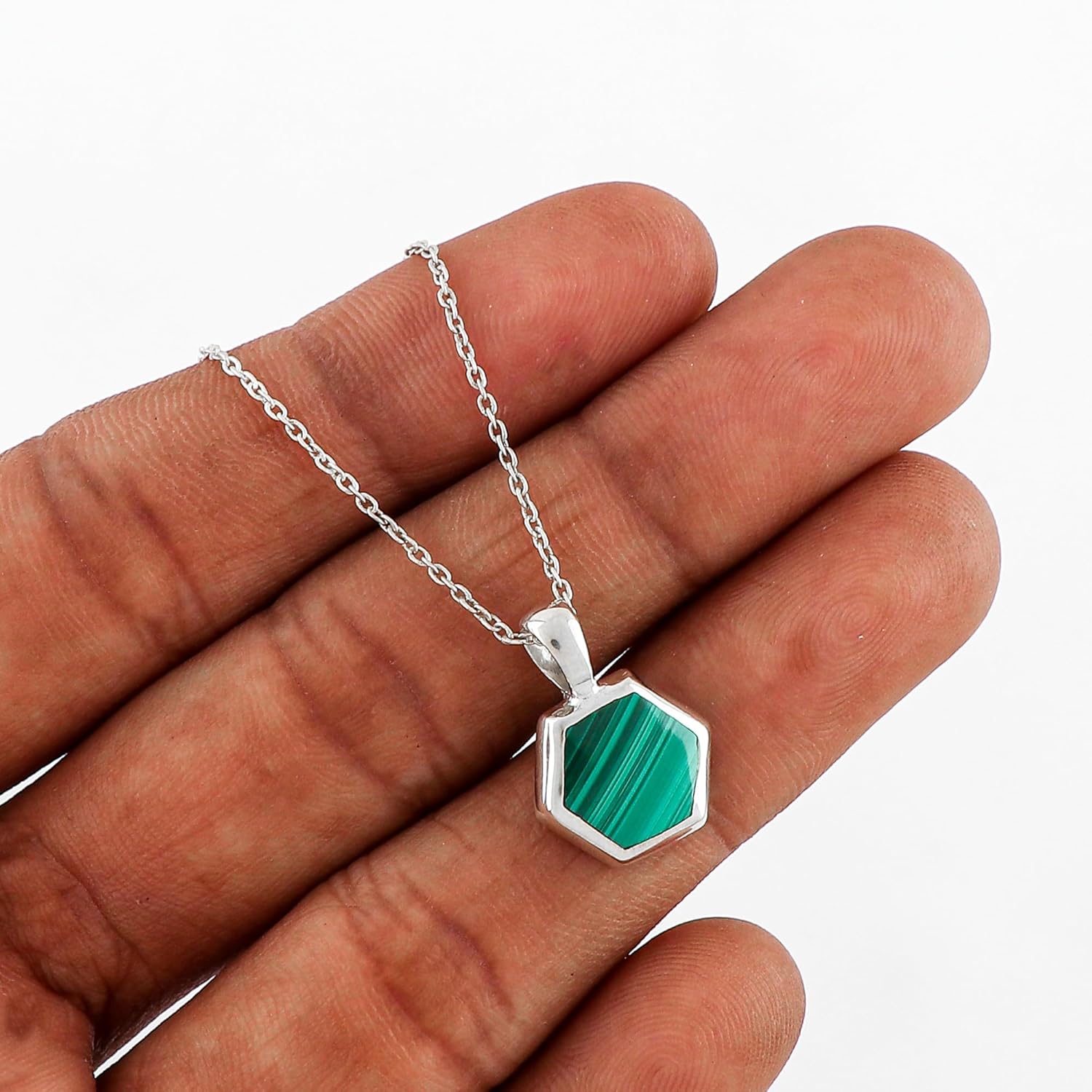 Real Malachite Crystal Pendant Necklace, Natural Gemstone, Green Crystal, Bezel Setting, Cabochon Hexagon Crystal, Healing Stone, Gift for Women, 925 Sterling Silver 18 inch - Image 5