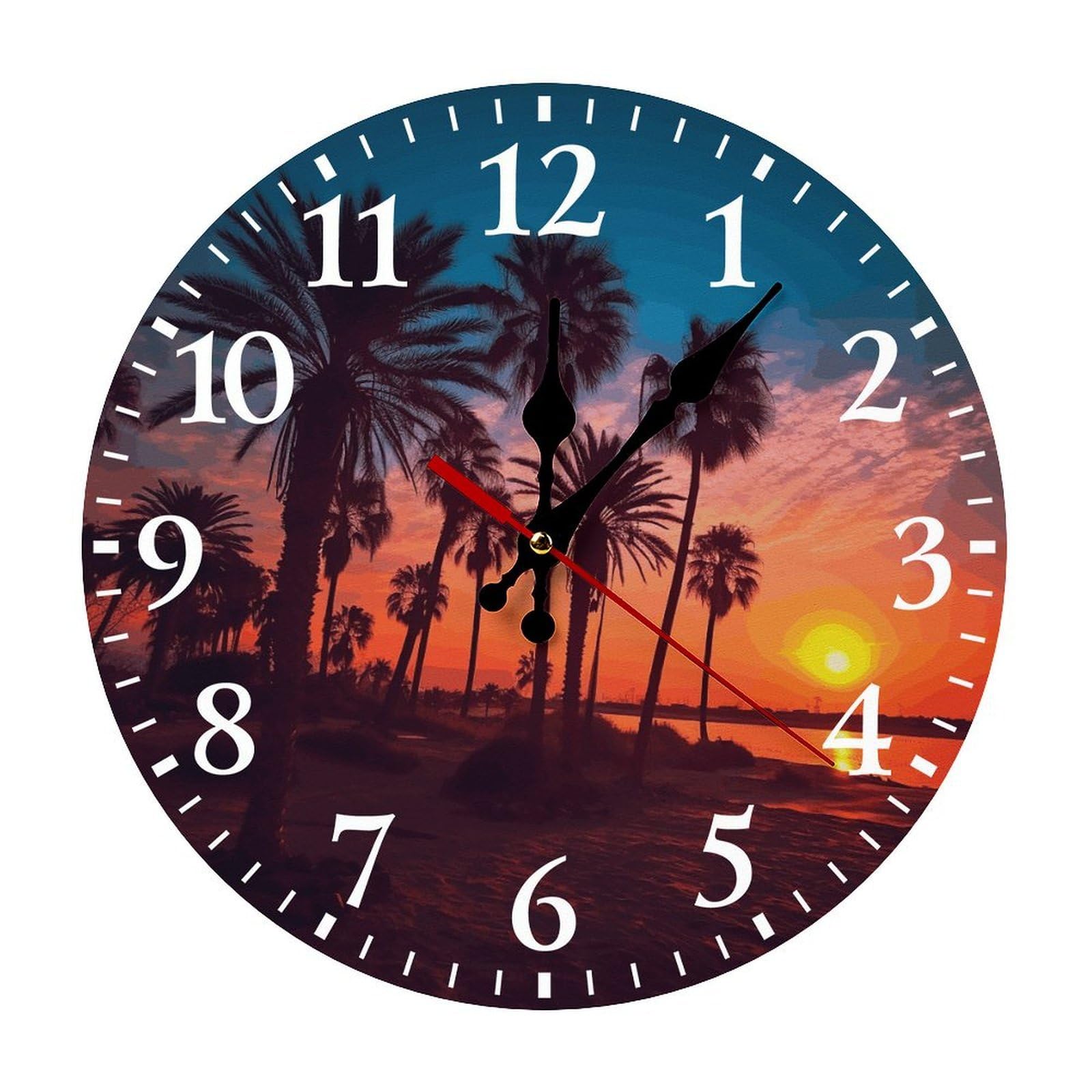 NTVOWPZO 10 Inch Wall Clock Palm Tree Sunset Battery Operated Wall Clocks Silent Non-Ticking Round Wall Clock for Living Room Kitchen Home Office Wall Decorative Clock
