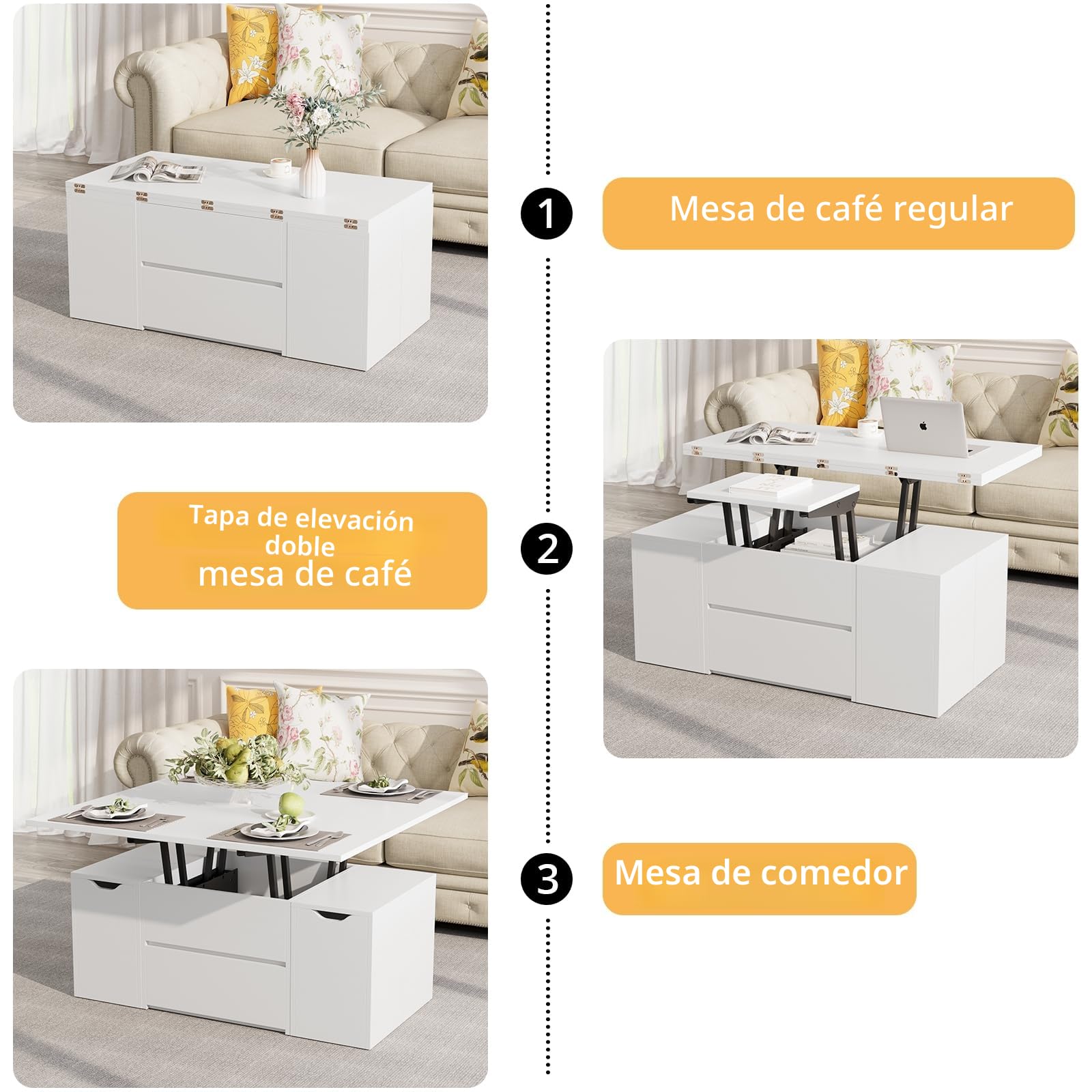 VOWNER Mesa de Centro Elevable Extensible (Blanco) | Multifuncional 4 en 1 con 4 Taburetes para Comedor de Salón