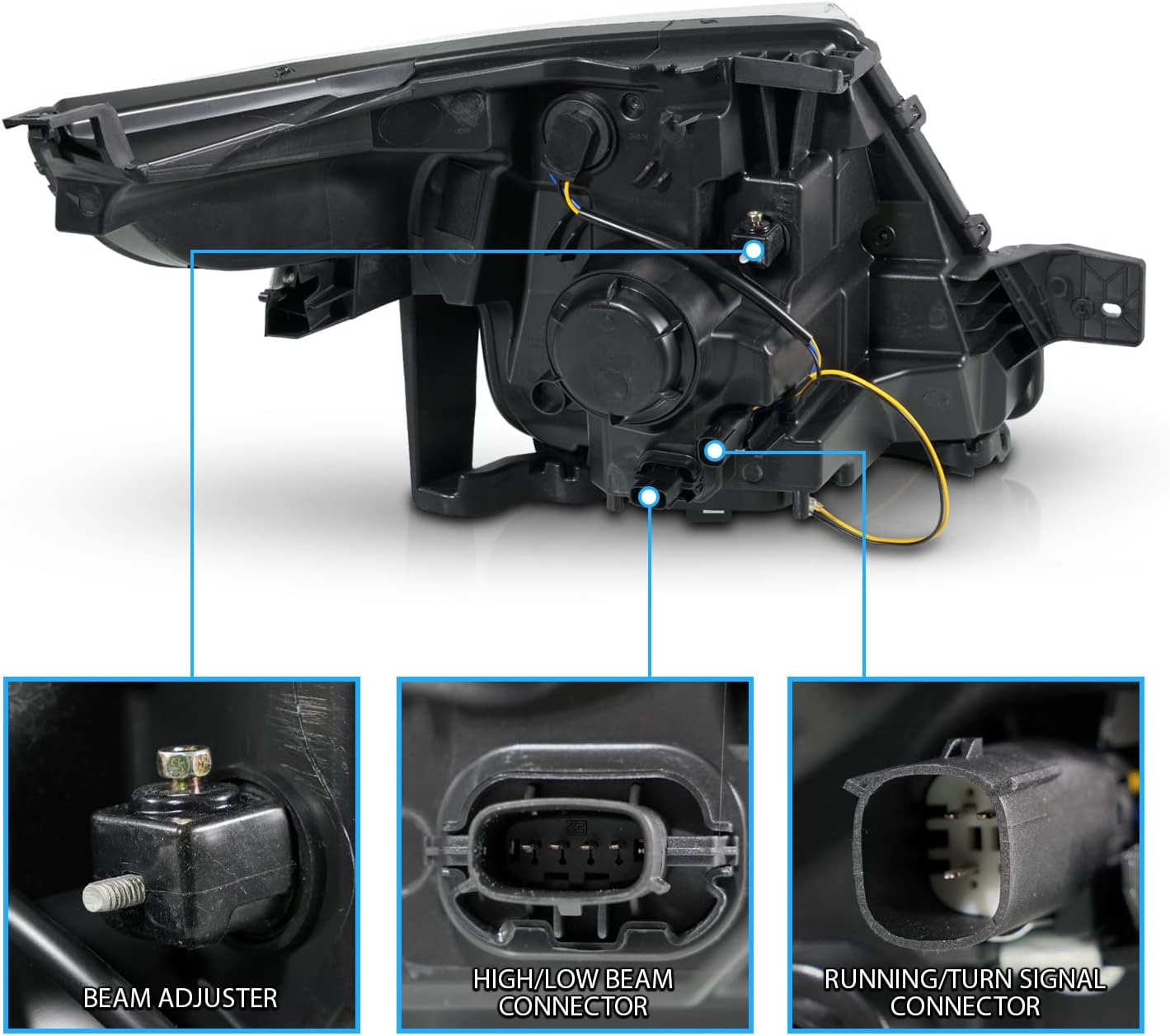 AmeriLite for 2011-2015 Ford Explorer LED Tube Signal Projector Black Replacement Headlight Pair - Driver and Passenger Side