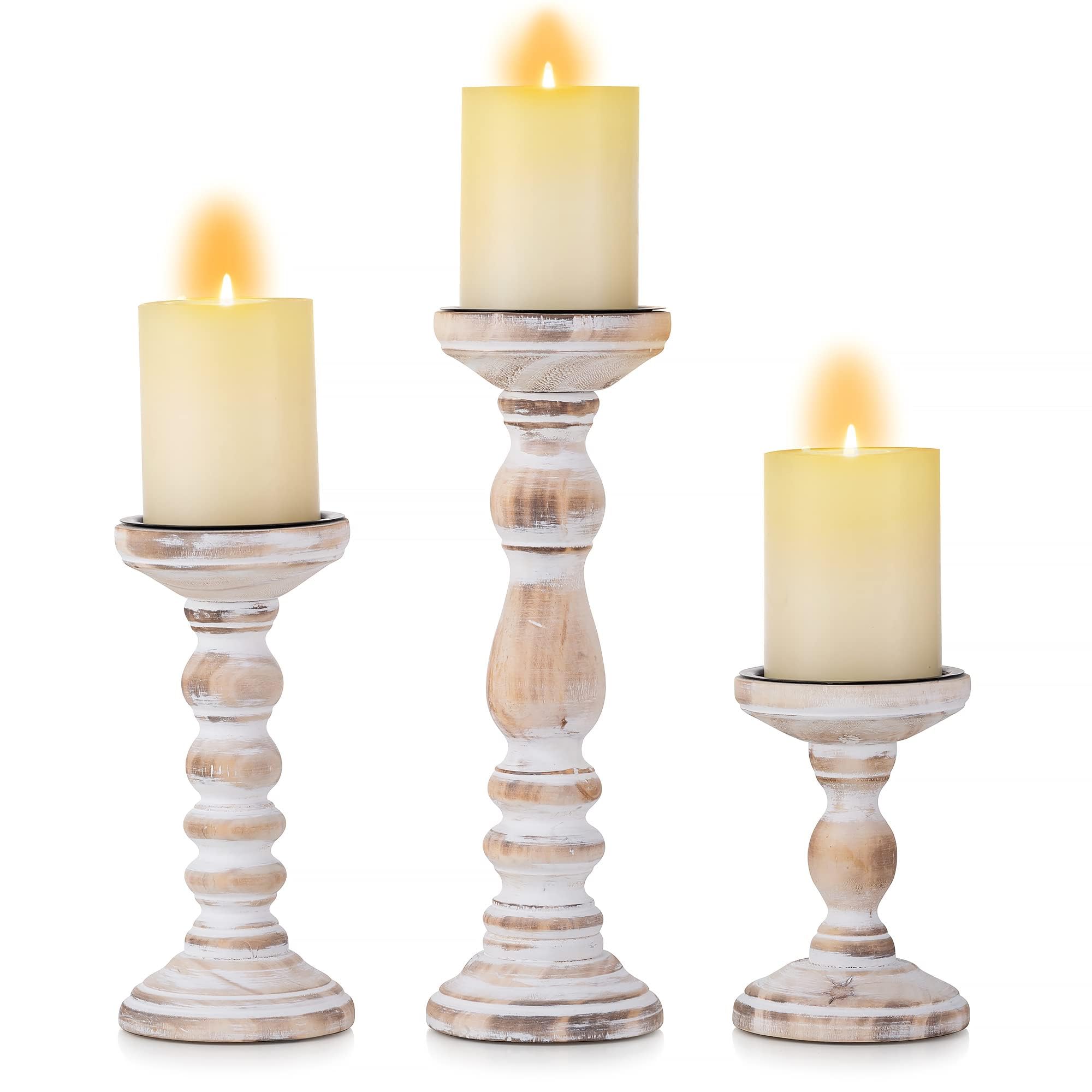 Rustique Bougeoirs en Bois Pilier - 3 Pcs Bougeoirs en Bois Bougeoir Pilier Ensemble Blanc Détresse Shabby Chic Photophores pour Centres de Table de Mariage Ferme Maison Décoration Chambre